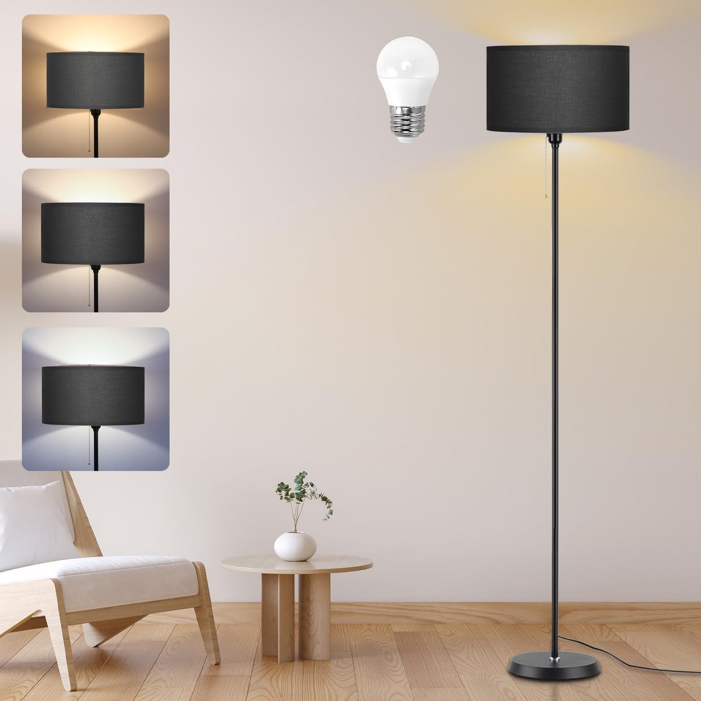 Dimmable Floor Reading Lamps for Living Room Farmhouse Corner Arc Standing LED Modern Floor Lamps, LED Bulb Includes (Black Linen Lampshape)