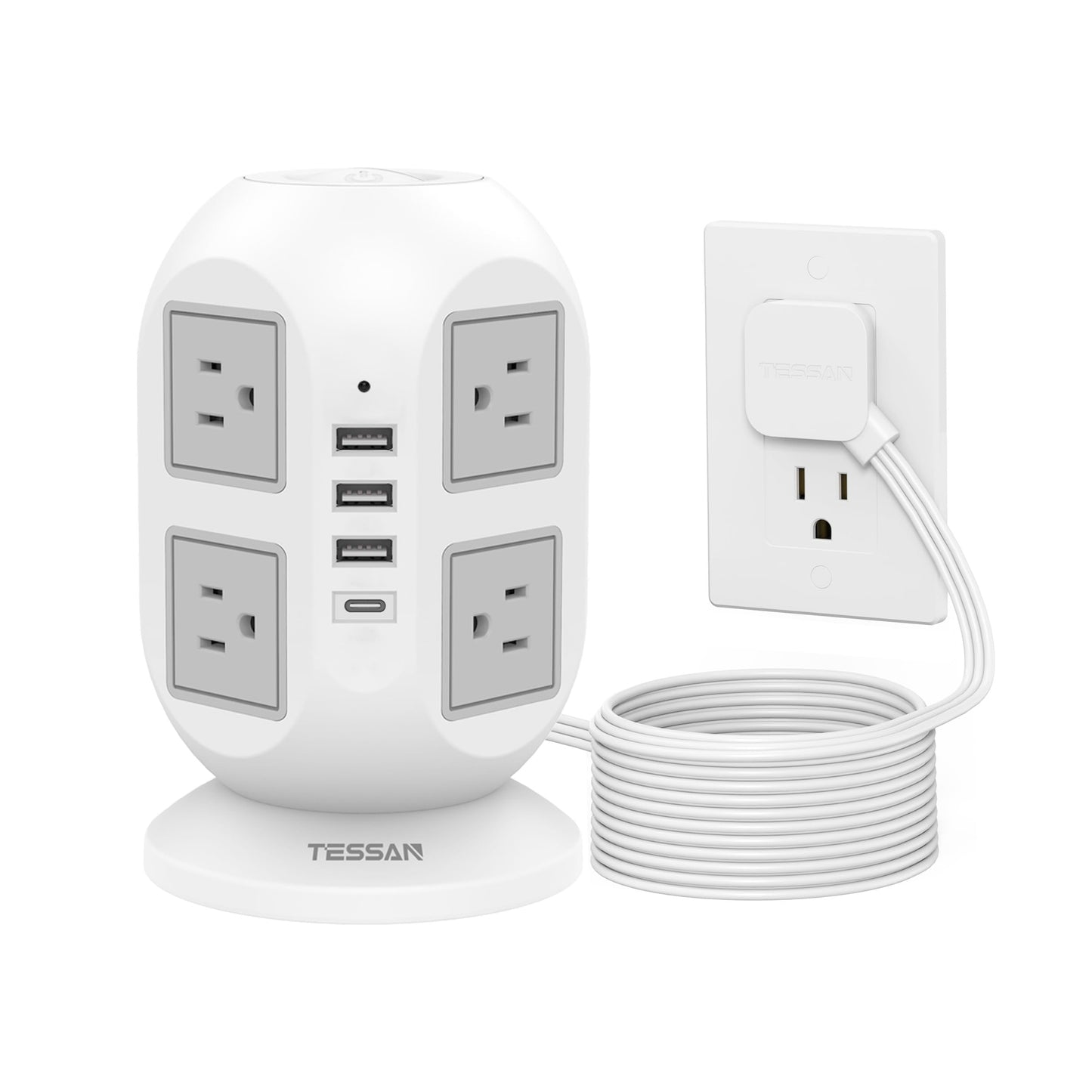 Flat Plug Tower Power Bars with Surge Protector, TESSAN 10 Ft Power Strip Extension Cord Indoor, Charging Station with 8 Multi Outlets, 4 USB Ports (1USB C), Home Office Dorm Room Supplies, Gray