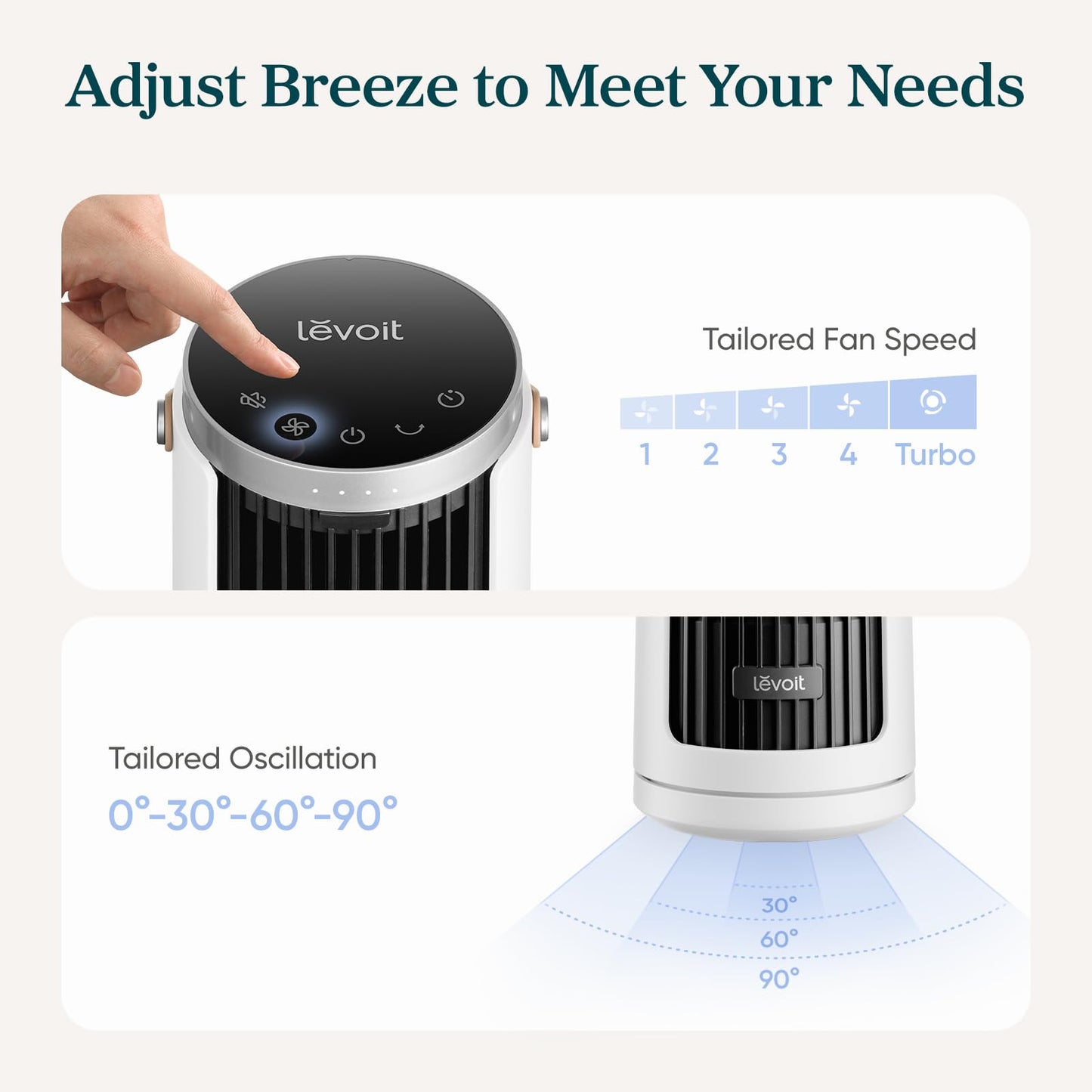 Levoit Mini Tower Fan for Bedroom, Quiet Cooling Desk Fan with Upgraded DC Motor, 20dB Ultra Silent, Portable Small Standing Fan with 5 Speeds, Multi‑Angle Oscillation, Remote & 12H Timer, Windi