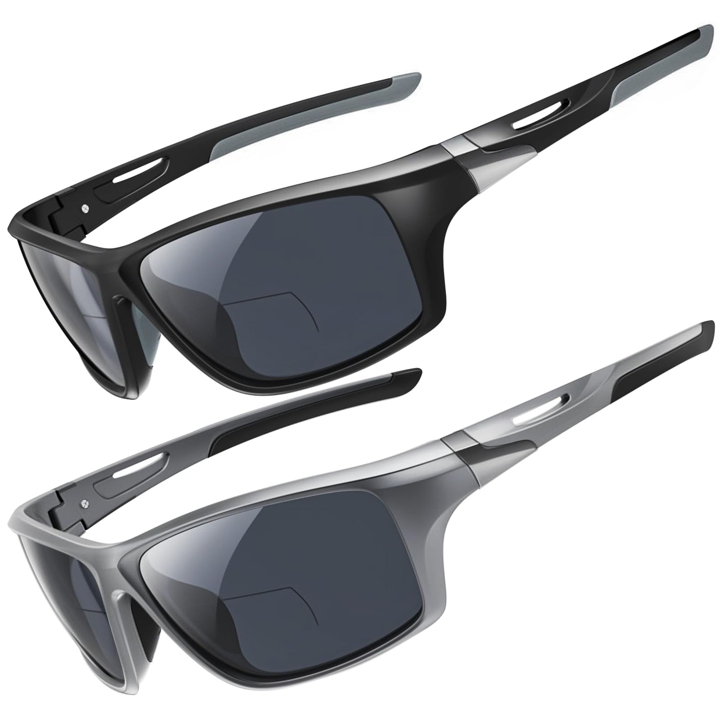 DEHOTRE 2 Pack Bifocal Reading Sunglasses Men Wrap Around Sports Sun Readers Outdoor Clear Top Soft Nose Pads PC Frame UV400 Black & Grey 2.75