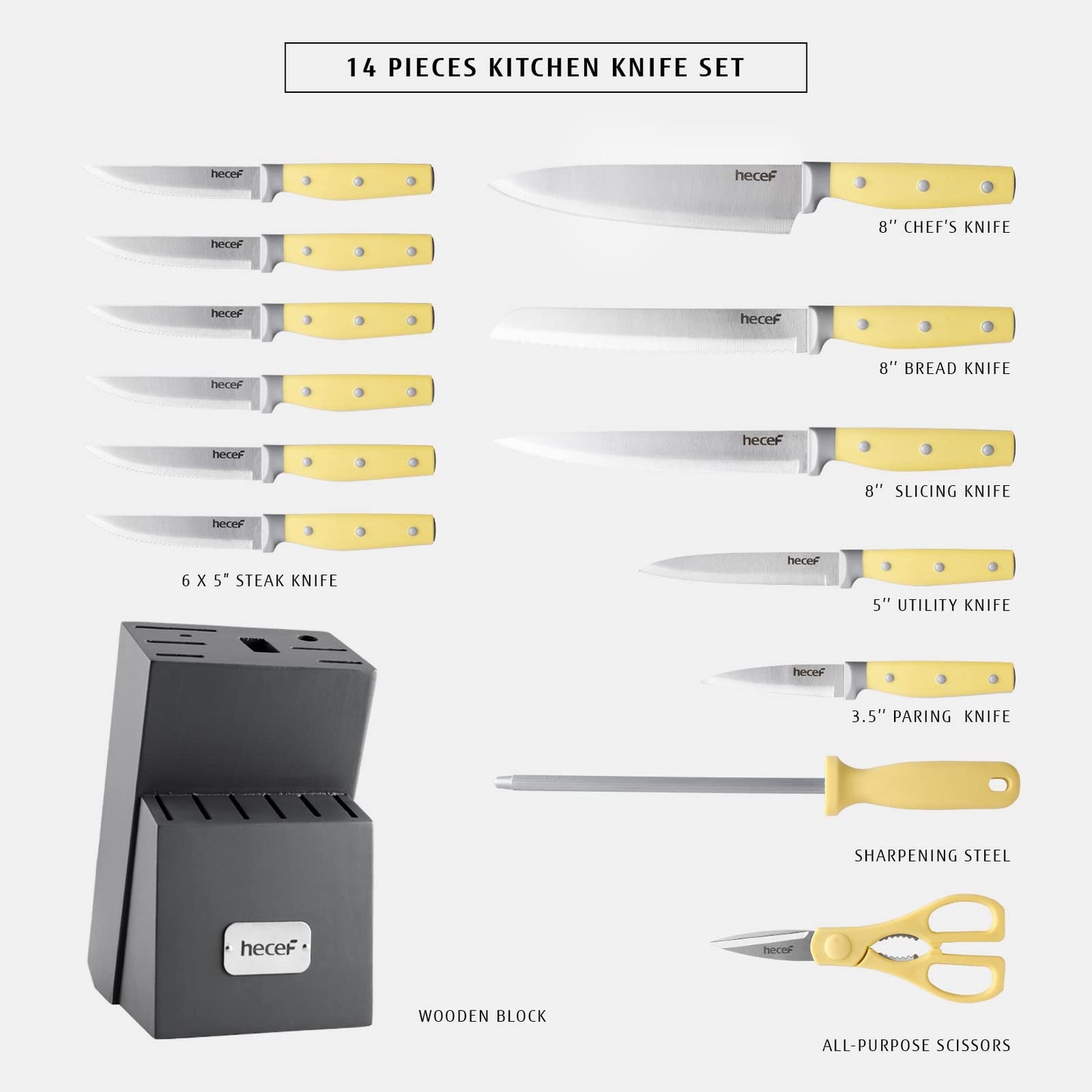 hecef Kitchen Knife Block Set, 14 Pieces Knife Set with Wooden Block & Sharpener Steel & All-Purpose Scissors, High Carbon Stainless Steel Cutlery Set