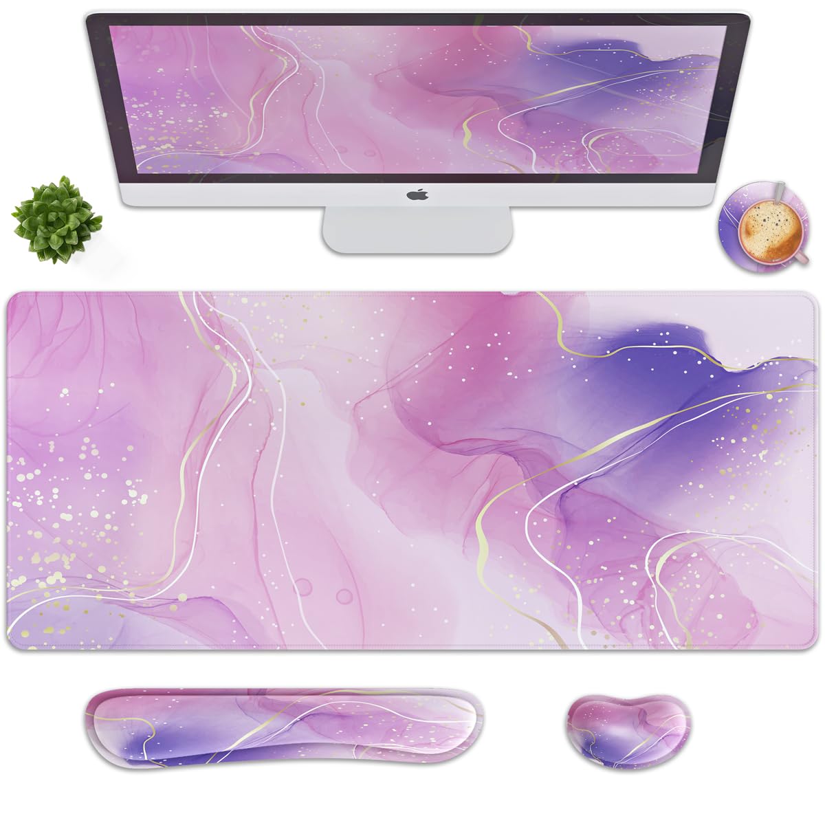 4 in 1 Extended Mouse Pad Set with Memory Foam Keyboard Wrist Rest, Mouse Wrist Cushion & Cute Coaster, Ergonomic Large Desk Pad for Home Office & Gaming (Pink & Purple Marble)