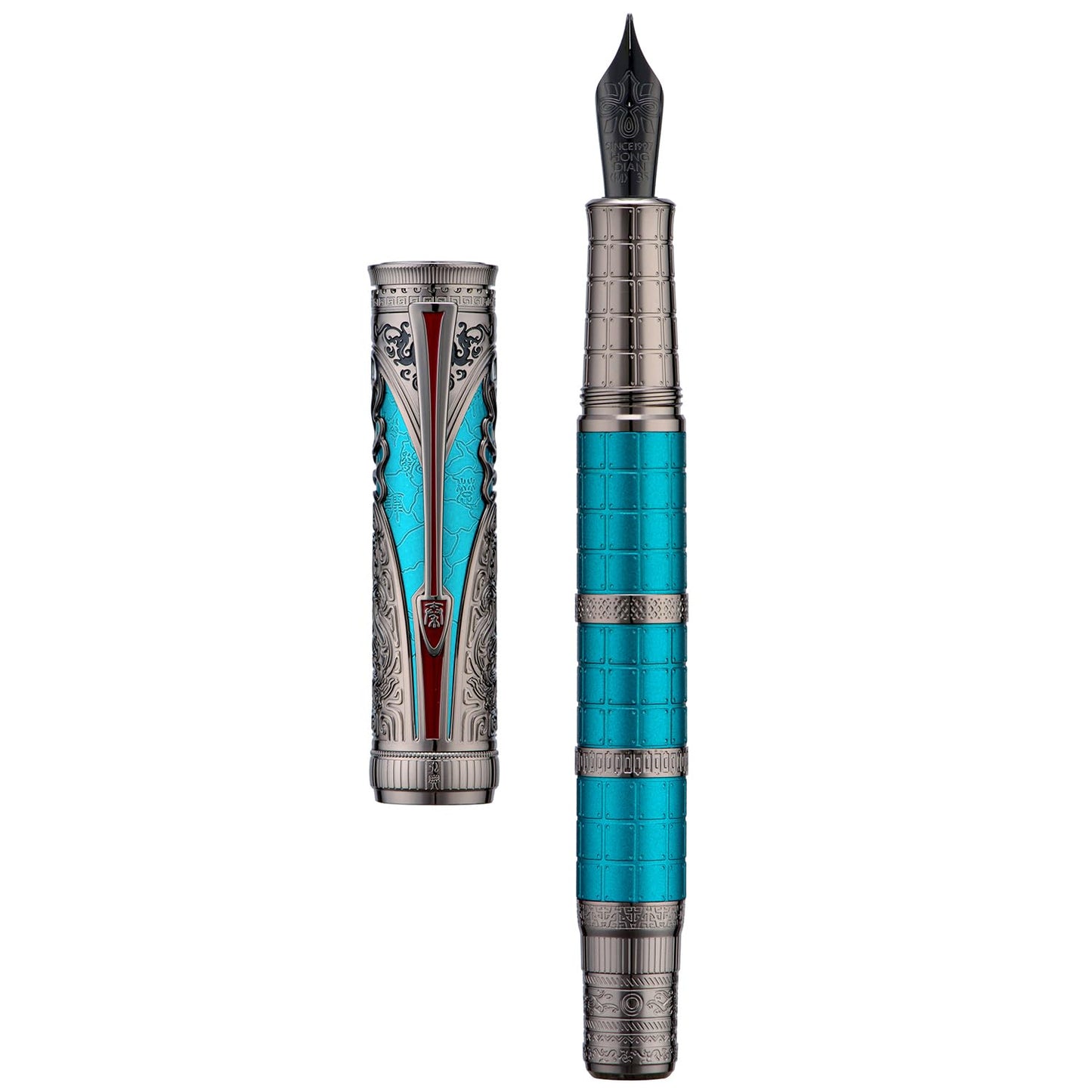 Hongdian D5X Fountain Pen Turquoise Color Medium Nib, Qin Dynasty Retro Chinese Totem Engraving Smooth Writing Pen with Converter and Pen Box Set