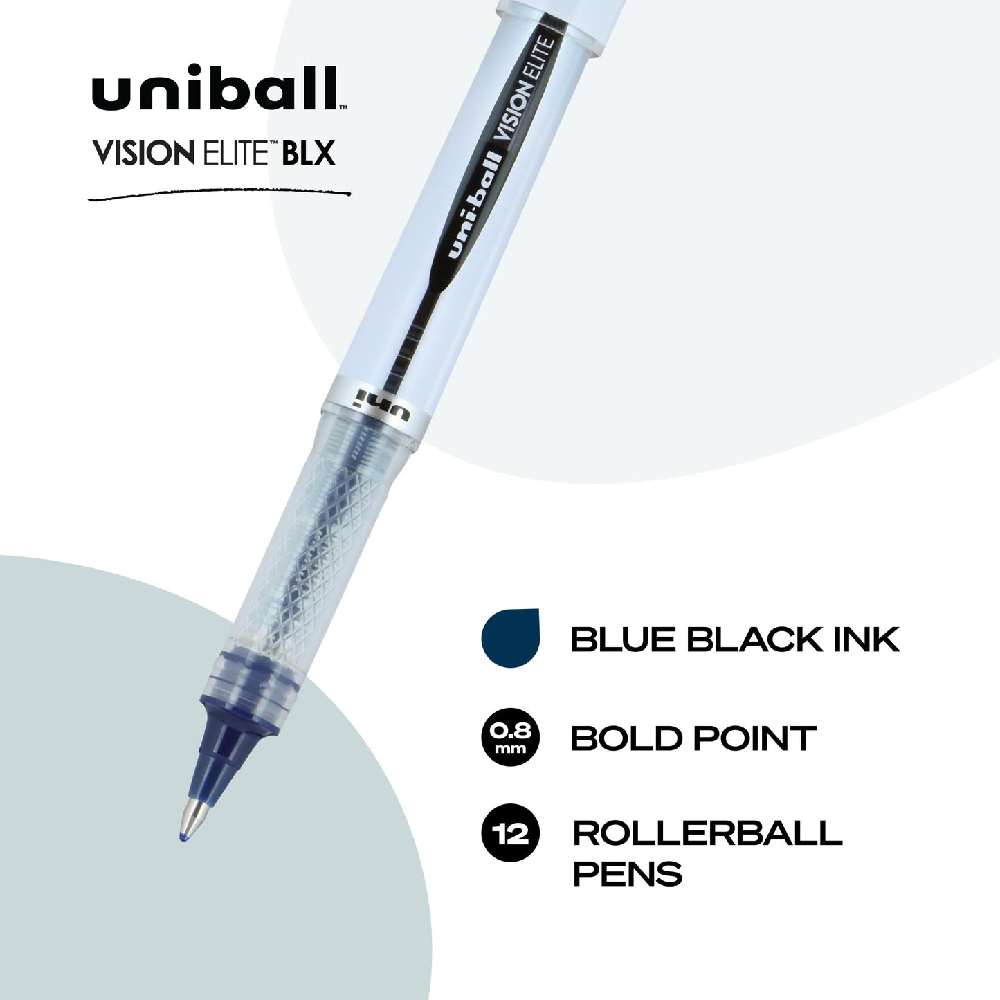 uni-ball VISION ELITE Rollerball, Stick Roller Ball Pen Bold-0.8mm, 12 Pack, Blue/Black Ink (61232)