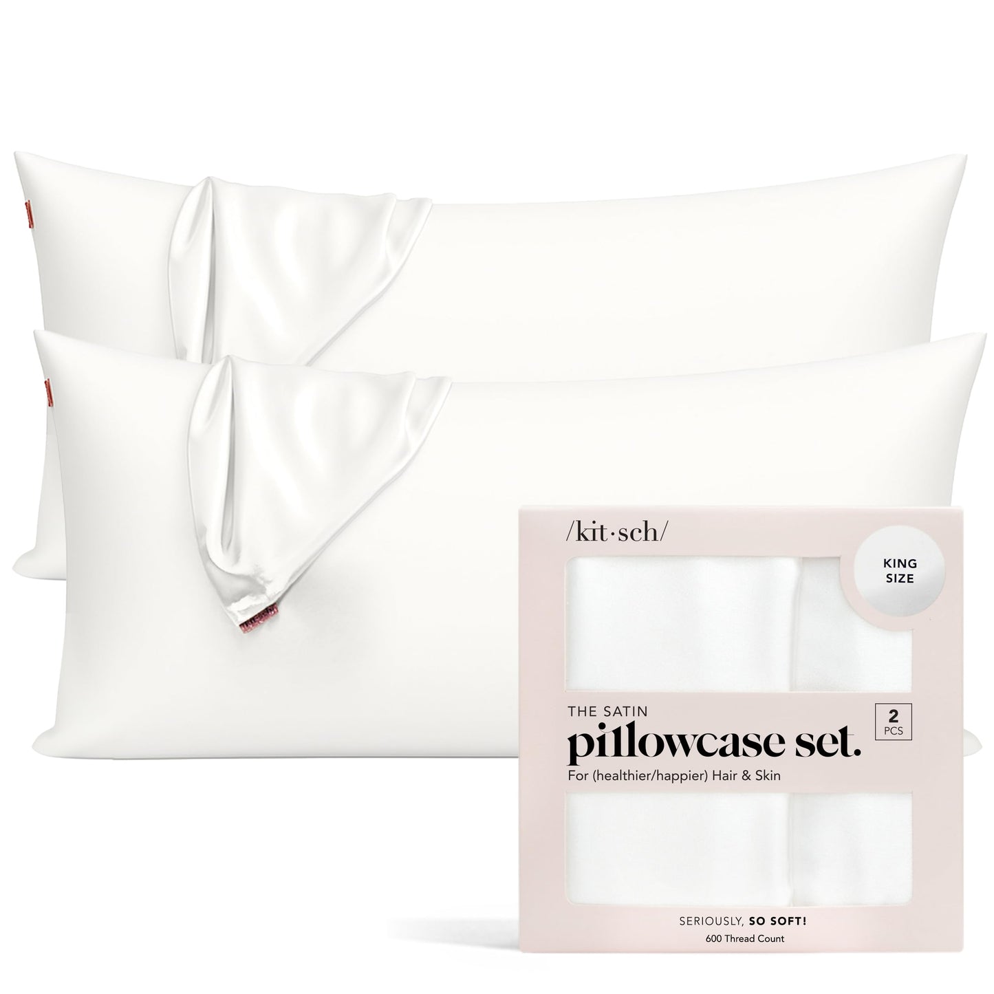 Kitsch Satin Pillowcase 2pcs, with Zipper for Hair & Skin, Softer Than Silk Pillow Cases Queen, Wrinkle-Free, Smooth and Cooling Satin Pillow Covers, King Size 19"x36" - Ivory