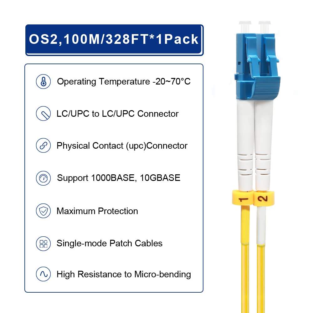 FLYPROFiber- 100M OS2 LC to LC Fiber Patch Cable | Length Options: 0.2m-100m, Single Mode Duplex 9/125um SMF Fiber Optic Cable Cord LSZH 100Meter(328ft)