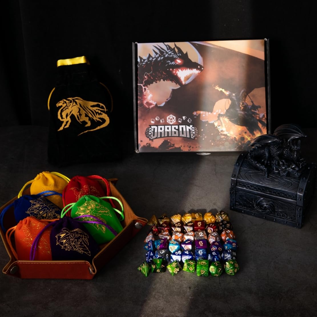 REZIPO Gifted Package 6 Sets DND Dice Double-Color Polyhedral Dice Dungeons and Dragons Rolling Dice for RPG MTG Table Games with Six Drawstring Bags and D&D Dice Tray