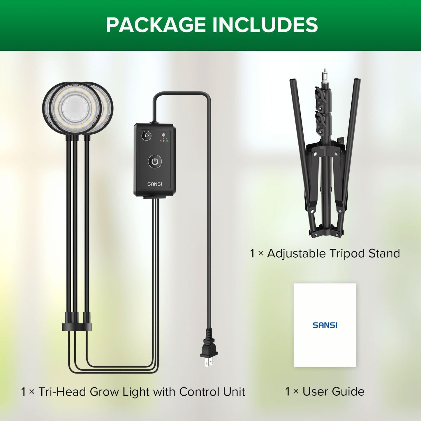 SANSI Grow Lights for Indoor Plants, 500W Equivalent Full Spectrum 3 Head Plant Lights for Indoor Growing, Energy Efficient 30W Dimmable Grow Light 35"-65" Adjustable Tripod Stand Auto On/Off Timer