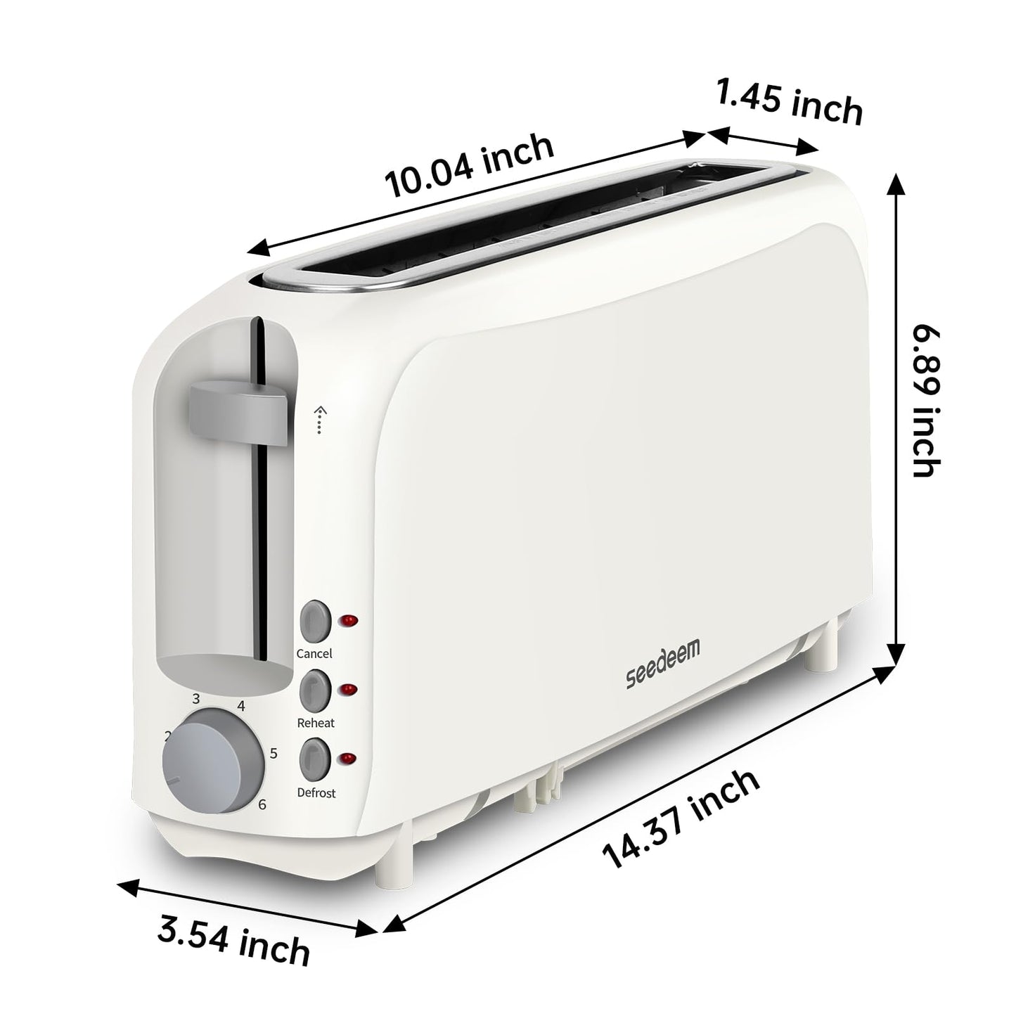 SEEDEEM 2 Slice Slim Toaster, Single 10" Long Slot Toaster Fits Bagels & Artisan Bread, 6 Shade Settings, Cancel/Reheat/Defrost, Removable Crumb Tray, Auto Shut-Off, White