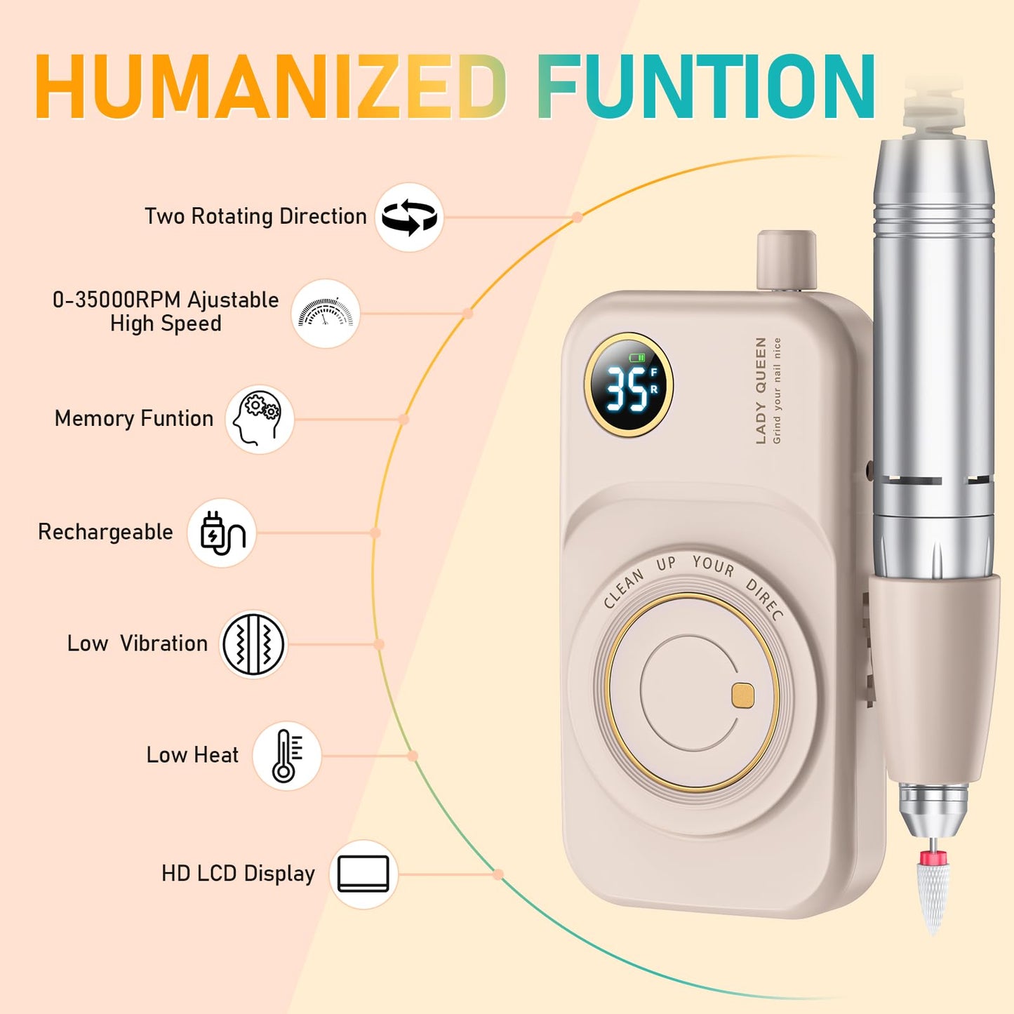 mUGLE Portable Nail Drill Electric File: 35000RPM Professional Rechargeable Nail E File Machine, for Acrylic Nails Gel Polishing Removing, Cordless Efile with Bits Kit for Manicure Salon Home (Pink)
