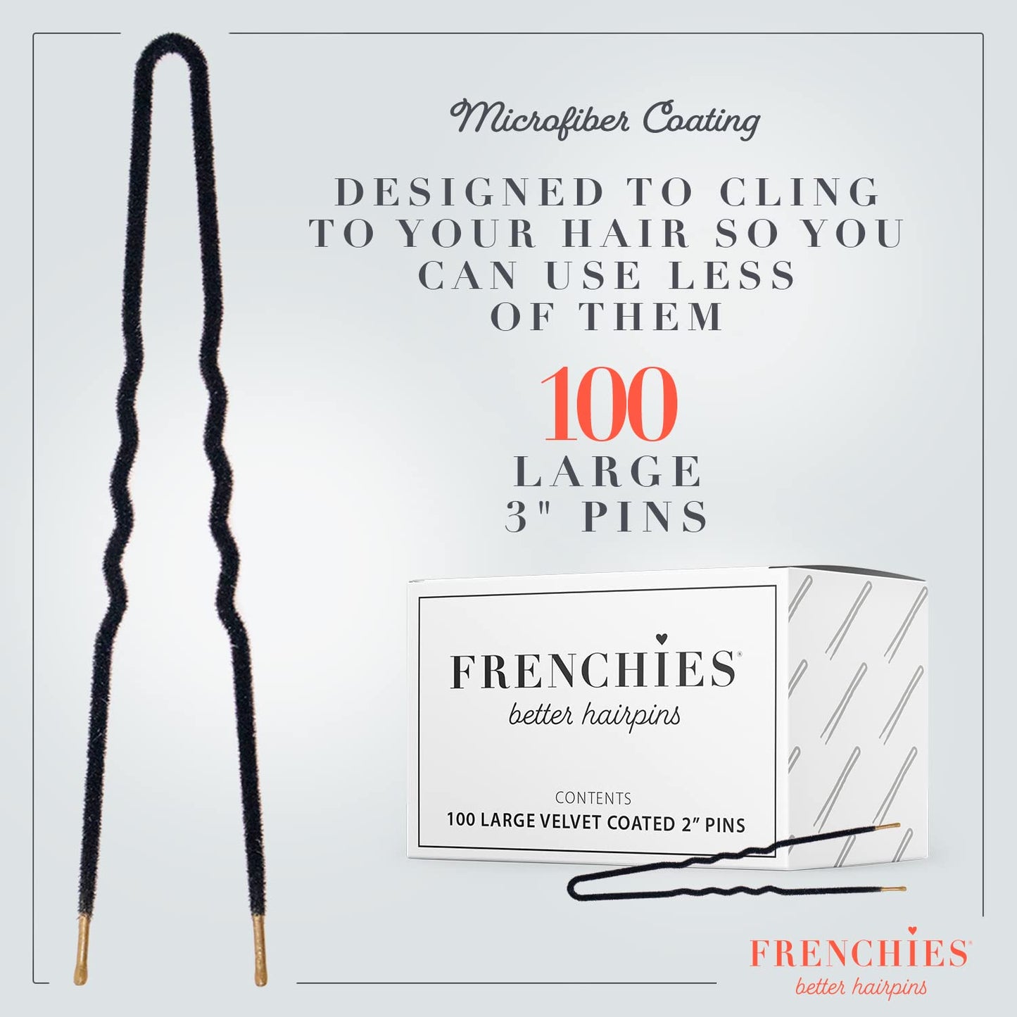 Frenchies Ultra Flocked Extra Soft French Twist Hair Pins for Women, Girls, Teens Buns, Wedding Hair Accessories, Womens Updo Hairstyles, Hair Extensions or Wig, 100 Count, Black, Large (3 inch)