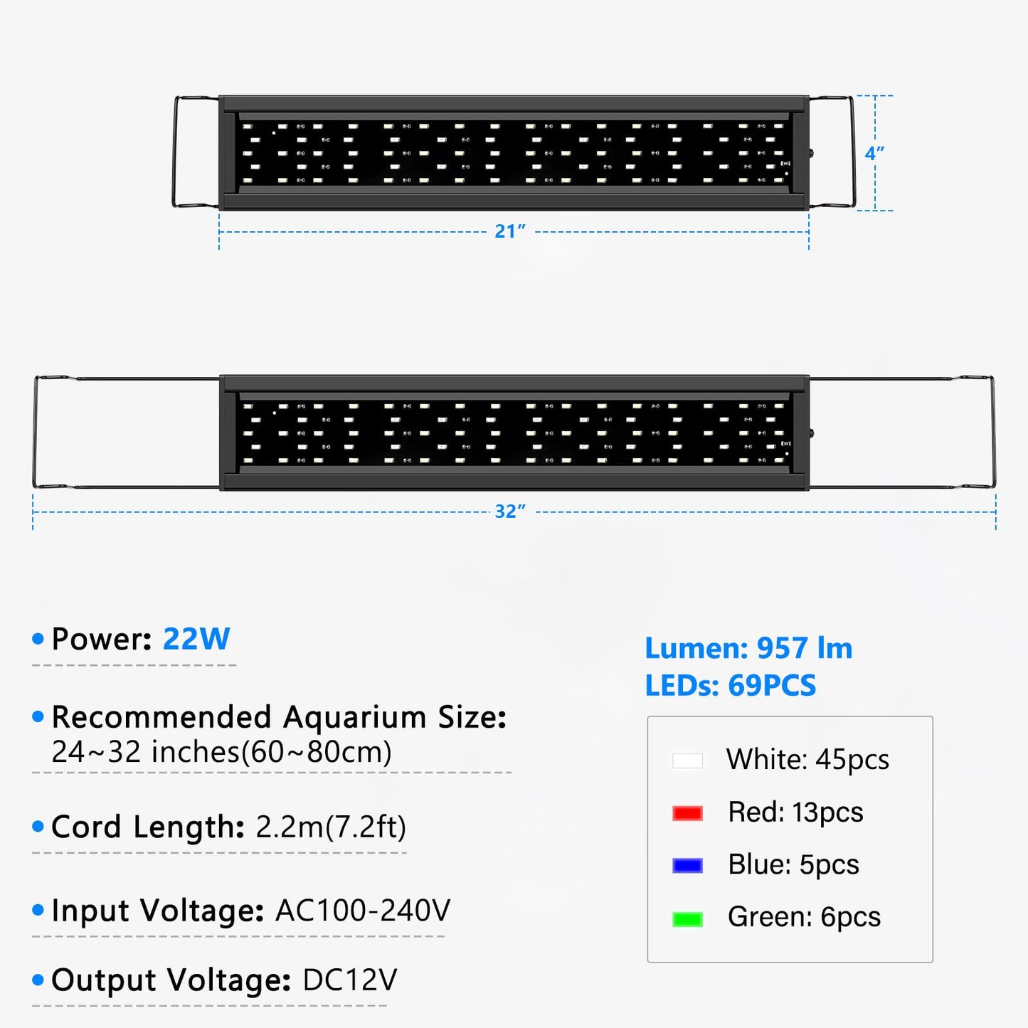 AQQA Aquarium Light,Full Spectrum Fish Tank Light for Plants,3 Mode+Timer+Adjustable Brightness,High Brightness LED Beads with Extendable Brackets for Freshwater (22W)