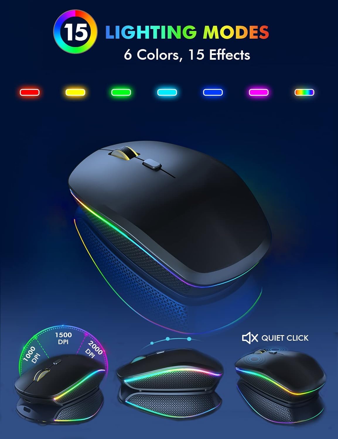 Wireless Keyboard and Mouse Combo - RGB Backlit, Rechargeable, Quiet Typing, Light-Up Keys, Full Size, Ergonomic Tilt, 2.4GHz USB Receiver for Windows, Mac, Laptop, PC, Trueque (Black)