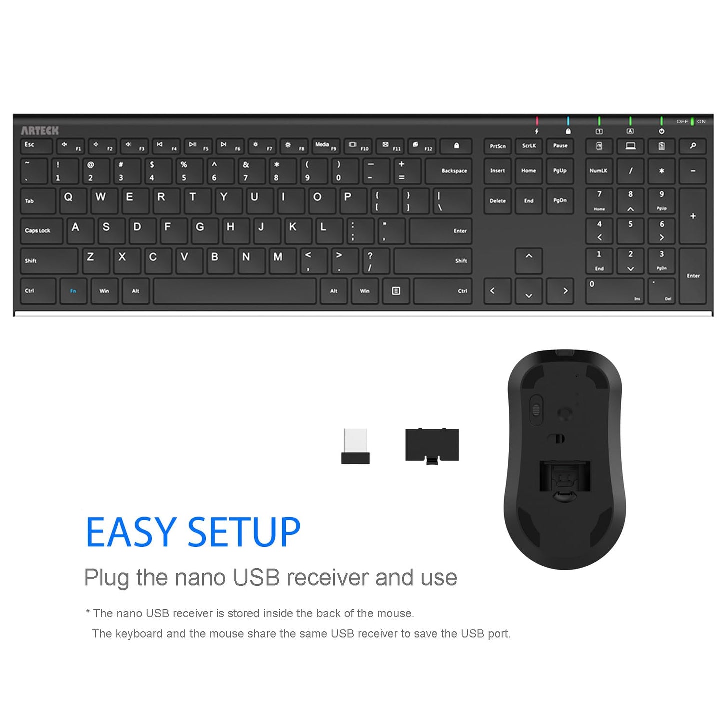 Arteck 2.4G Wireless Keyboard and Mouse Combo Stainless Steel Ultra Slim Full Size Keyboard Keyboard and Ergonomic Mice for Computer Desktop PC Laptop and Windows 10/8/7 Build in Rechargeable Battery