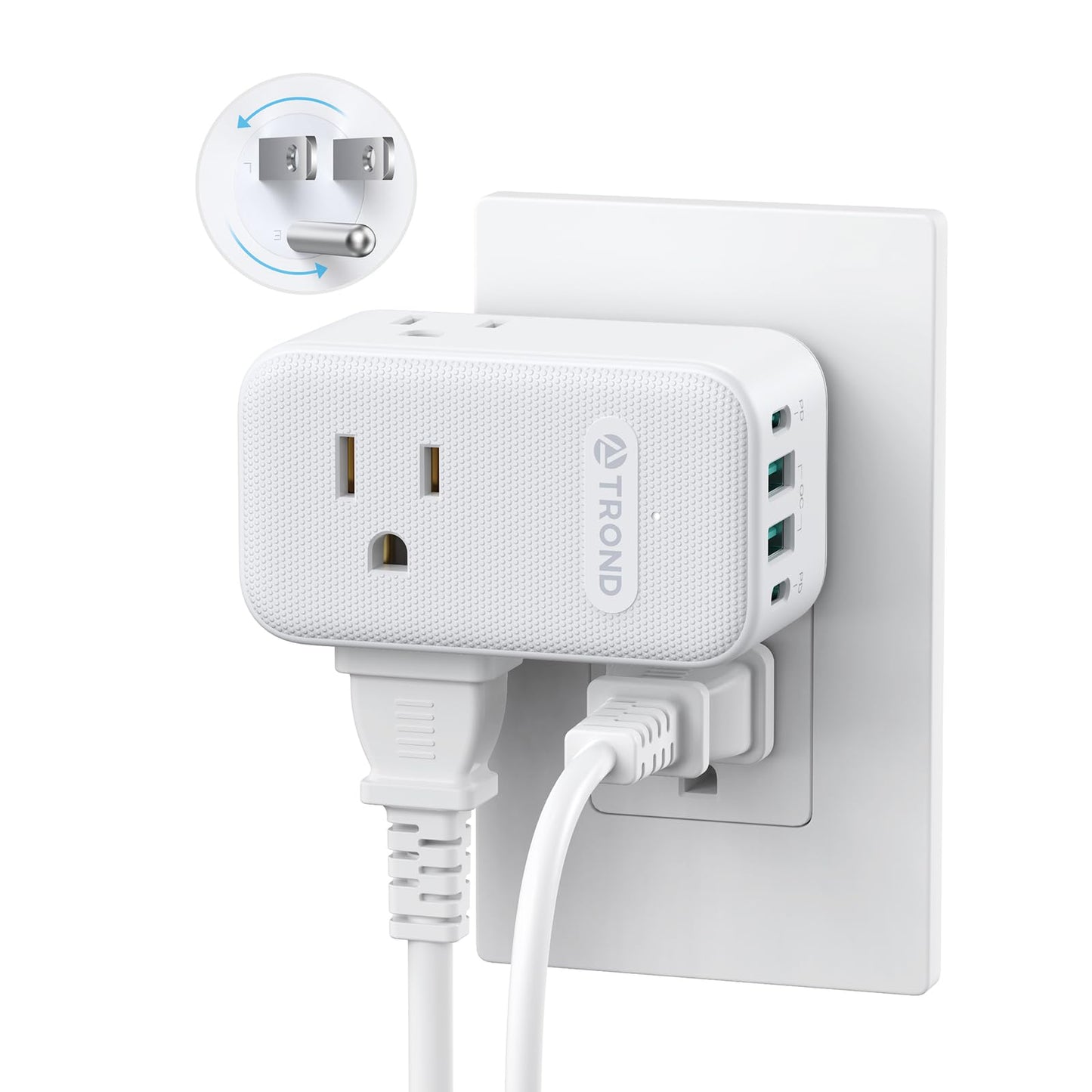TROND 360° Rotating Multi Plug Outlet Extender, 2 PD 20W USB C Fast Charging Station, Small Power Splitter with 3 Way Sided Wall Socket Adapter for Home Office Dorm Room Cruise Travel Essentials
