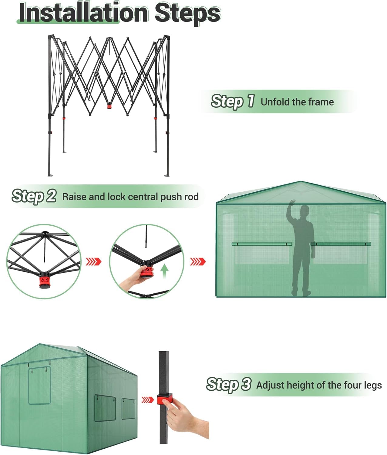 8x12FT Instant Pop-Up Walk-in Greenhouse, Plant Hot House with Galvanized Steel Frame, Green PE Cover, Roll-Up Zipper Door, Portable Large Plant Tent with Ground Pegs & Ropes for Stability