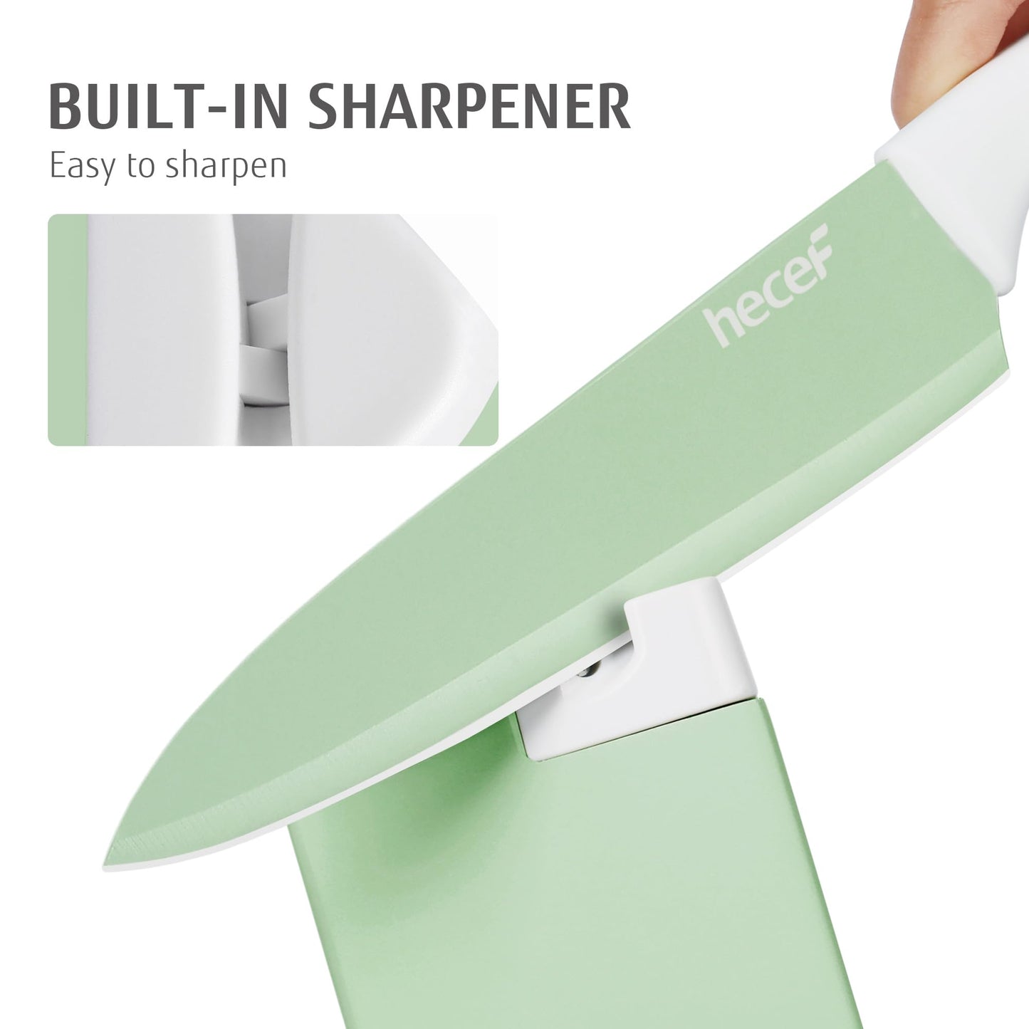 hecef 13 Pieces Kitchen Knife Set with Built-in Sharpening Wooden Block, High Carbon Stainless Steel Knife Block Set with Steak Knives, Kitchen Scissors (Green)