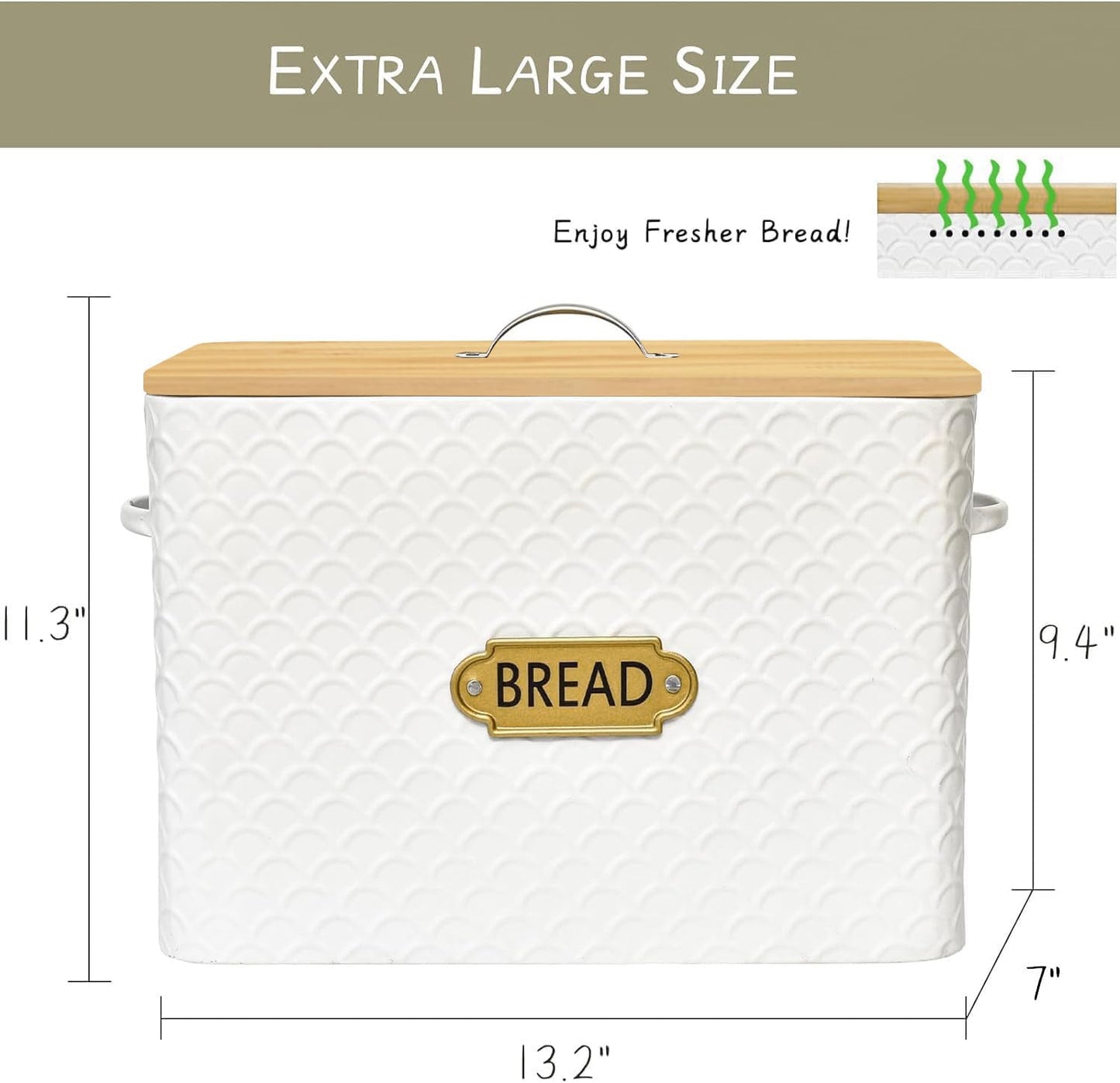 EMAX HOME Extra Large Space Saving Farmhouse Bread Box With Wood Lid - Holds 2 Loaves - Vertical Breadbox Bread Storage Bin Holder for Kitchen Countertop, White