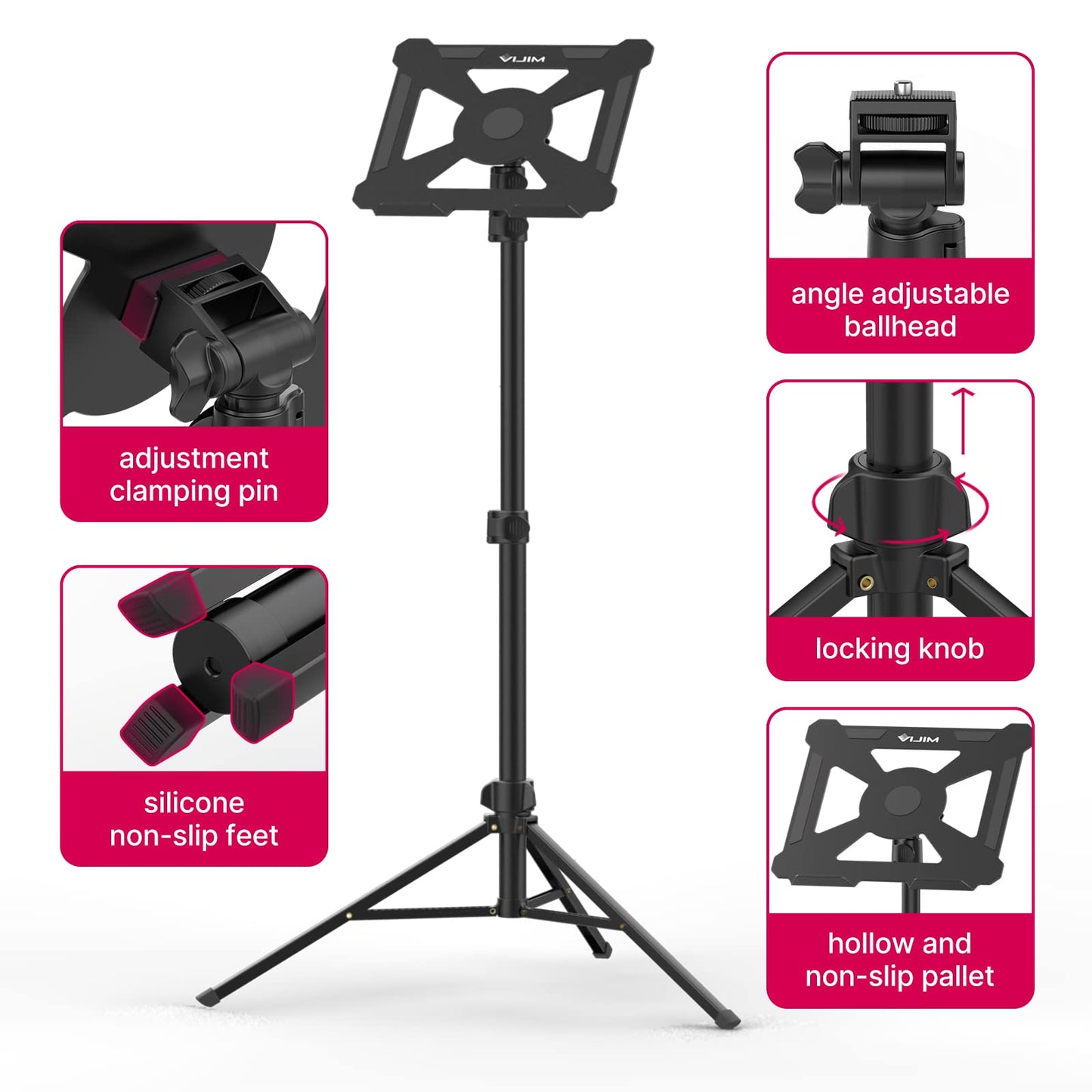 VIJIM LT01 Sheet Music Stand, Desktop Metal Sturdy Music Sheet Projector Stand, Laptop Bible Book Tablet Stand Holder 360° Horizontally Adjustment for Guitar, Ukulele, Violin Players