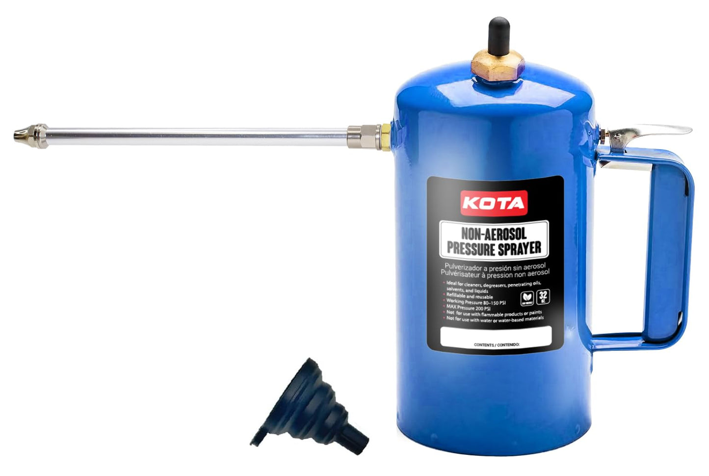 LAUCO Non Aerosol Pressure Sprayer - Refillable Pressurized Sprayer Bottle for Oil, Solvent, Degreasers, Lubricants - Rechargeable Steel Canister with Brass Nozzles, 32oz. (1, Blue)