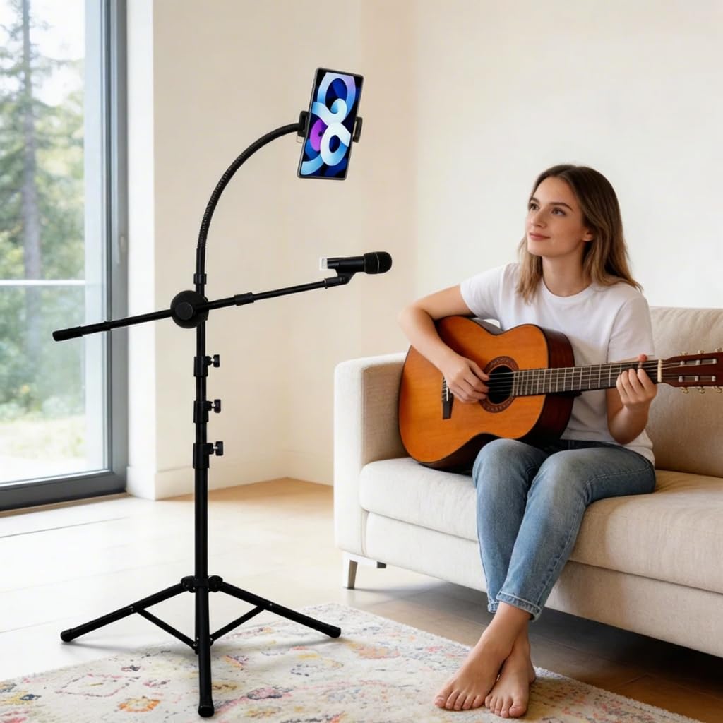 K KASONIC Professional Microphone Stand, 6-in-1 Gooseneck Mic Stand with Tablet/Phone Holder, Tripod Boom Arm for Floor, Adjustable Height and Angle, DJ Mic Stand with Carrying Bag and Clamps