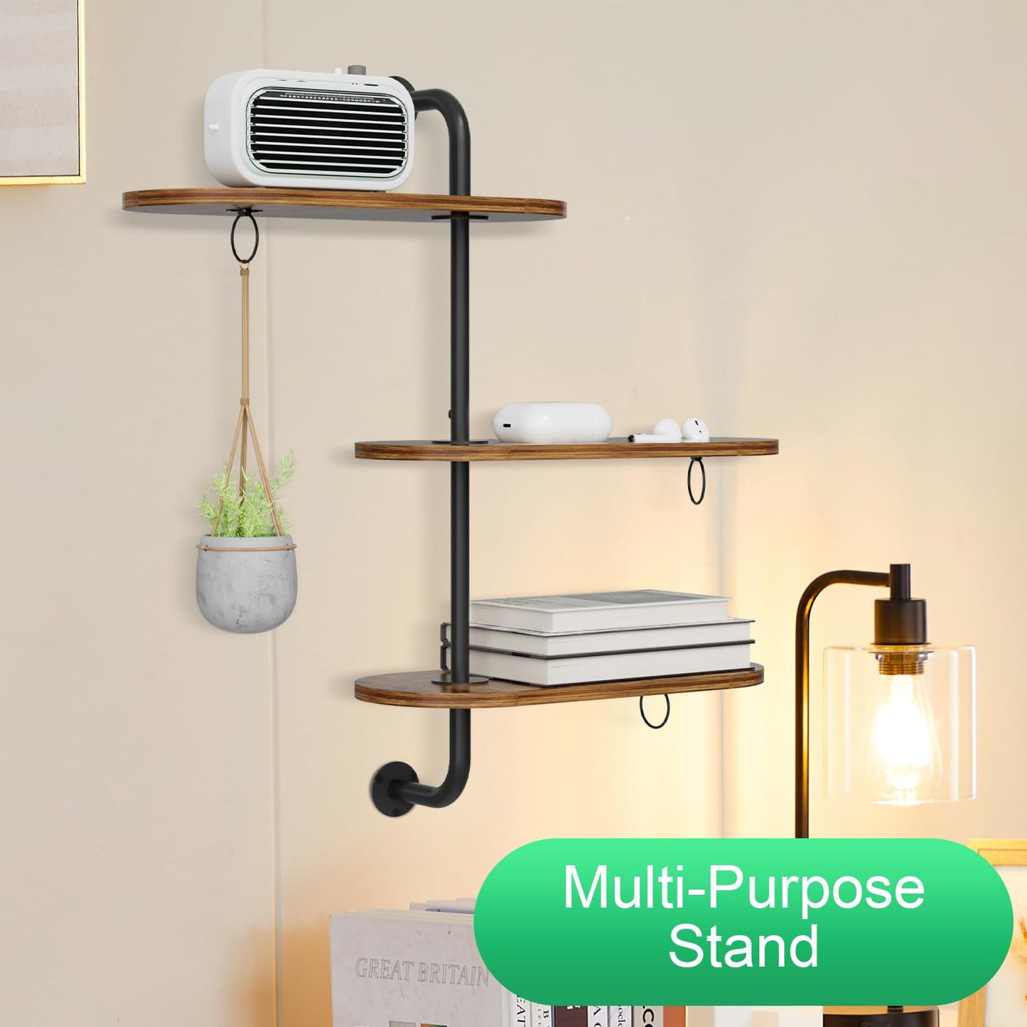 VyGrow Rotating Window Plant Shelves with 3 Anti-slip Mats, 3 Tier Plant Stand Indoor Outdoor, Wooden Window Plant Shelf with 3 Circle Hooks, Hanging Plant Holder for Window, Potted Plants, Flowerpots (Antique Color)