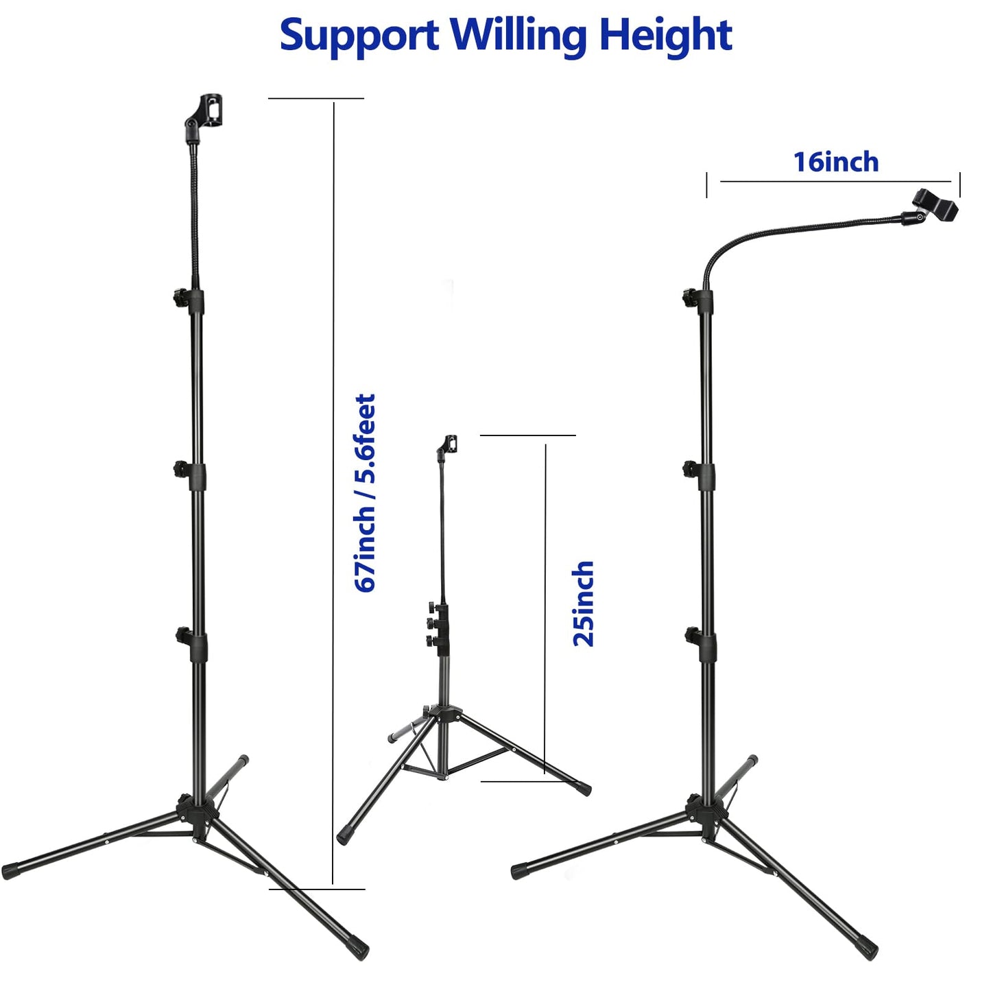 Mic Stand, Boom Microphone Stands Tripod Gooseneck Microphone Stand Height Adjustable from 24" to 67" with 2 Mic Clips for Singing Stage Performance Party Mic Mount