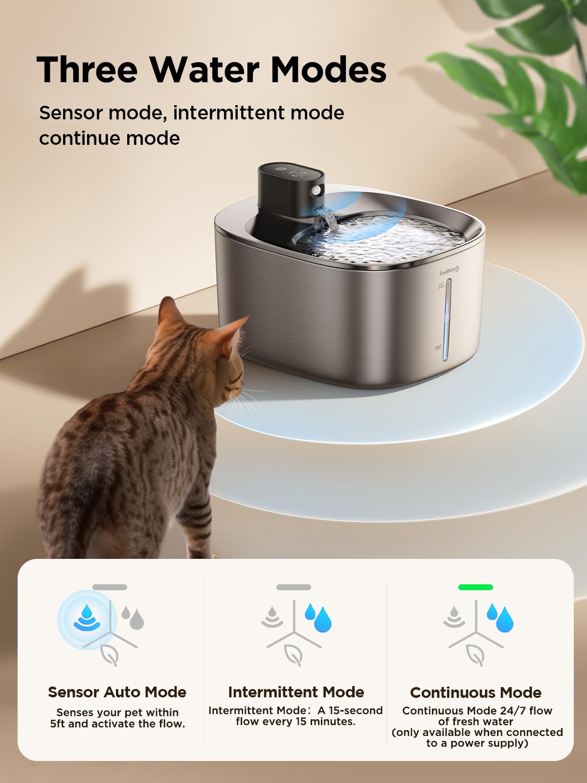 FEELNEEDY Cat Water Fountain Battery Operated, 4L/135 fl oz Stainless Steel Pet Water Fountain for Cats and Dog with Motion Sensor, Wireless Ultra Quiet Cat Drinking Fountain Waterfall with 2 Filters Replacement (YPD-C004S)