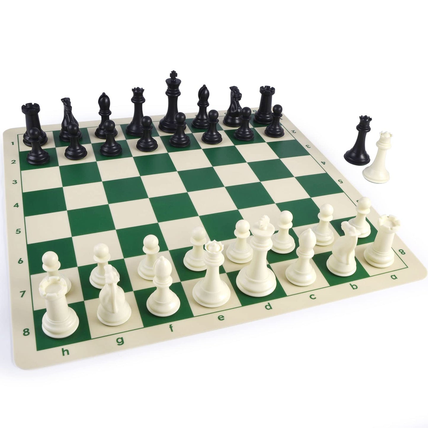 OUMODA 4" King Tournament Chess Set Foldable 20" Silicone Chess Board Mat with 2.2" Squares Green Color, Weighted Chess Pieces- 2 Extra Queens, Carrying Case for Storage and Travel