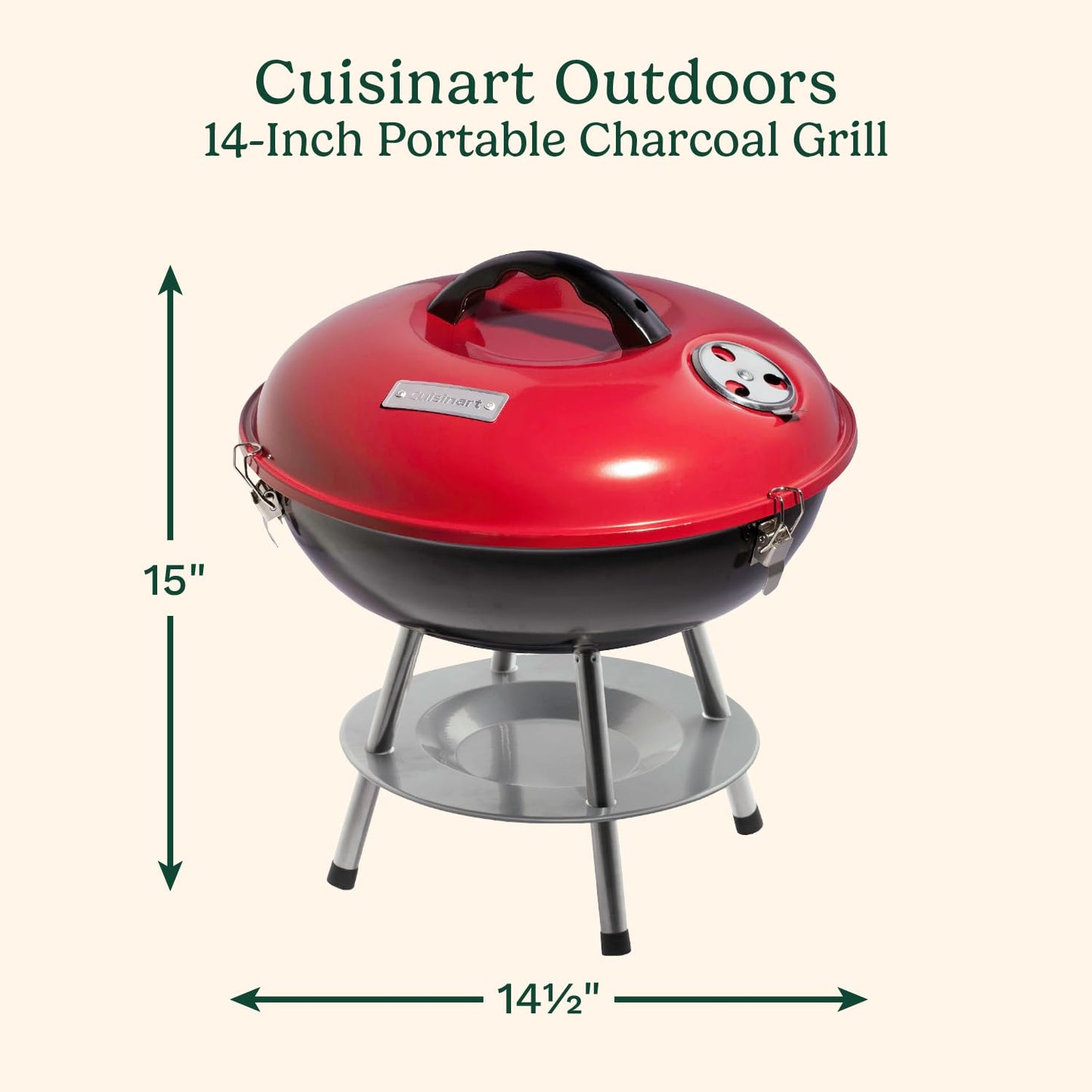 Cuisinart Outdoor Portable Charcoal Grill BBQ, 14", Compact & Light, Red (CCG-190RBC), Grills for 4 people