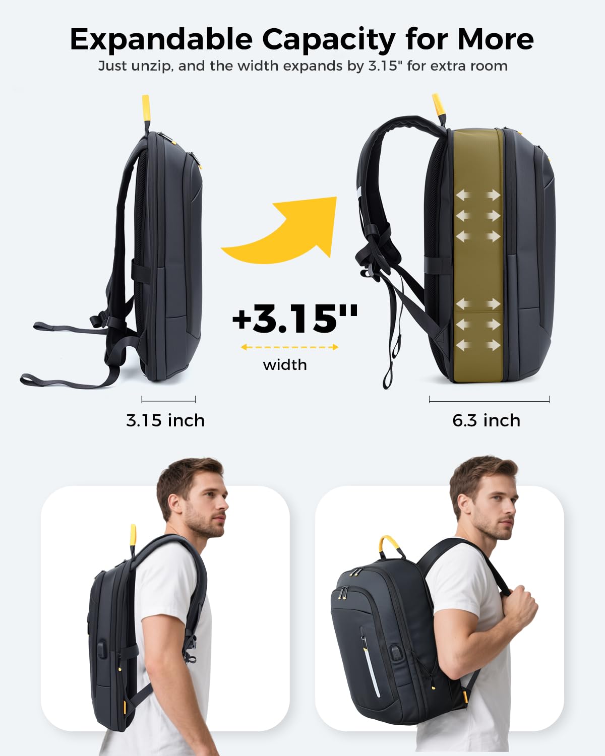 Slim Laptop Backpack for Men - Expandable Business Backpack Fits 15.6 Inch Laptop, Anti Theft Work Backpack with USB Charging Port, Water Resistant Lightweight Computer Backpack for Work College,Black