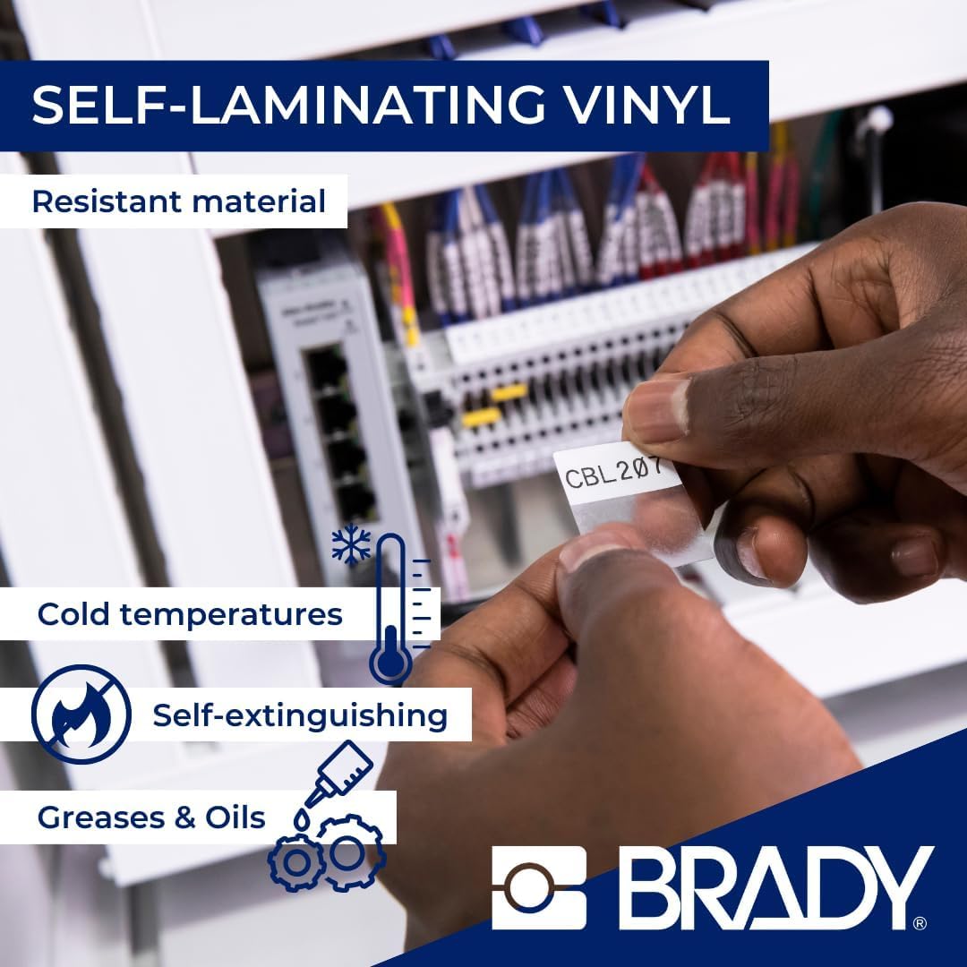 Brady Self-Laminating Vinyl Pre-Sized Labels for Label Printer BMP51/BMP53/M511-80 Self Adhesive Printer Labels - Black on White, Transparent (38,10 mm (W) x 63,50 mm (H)) - M5-116-427