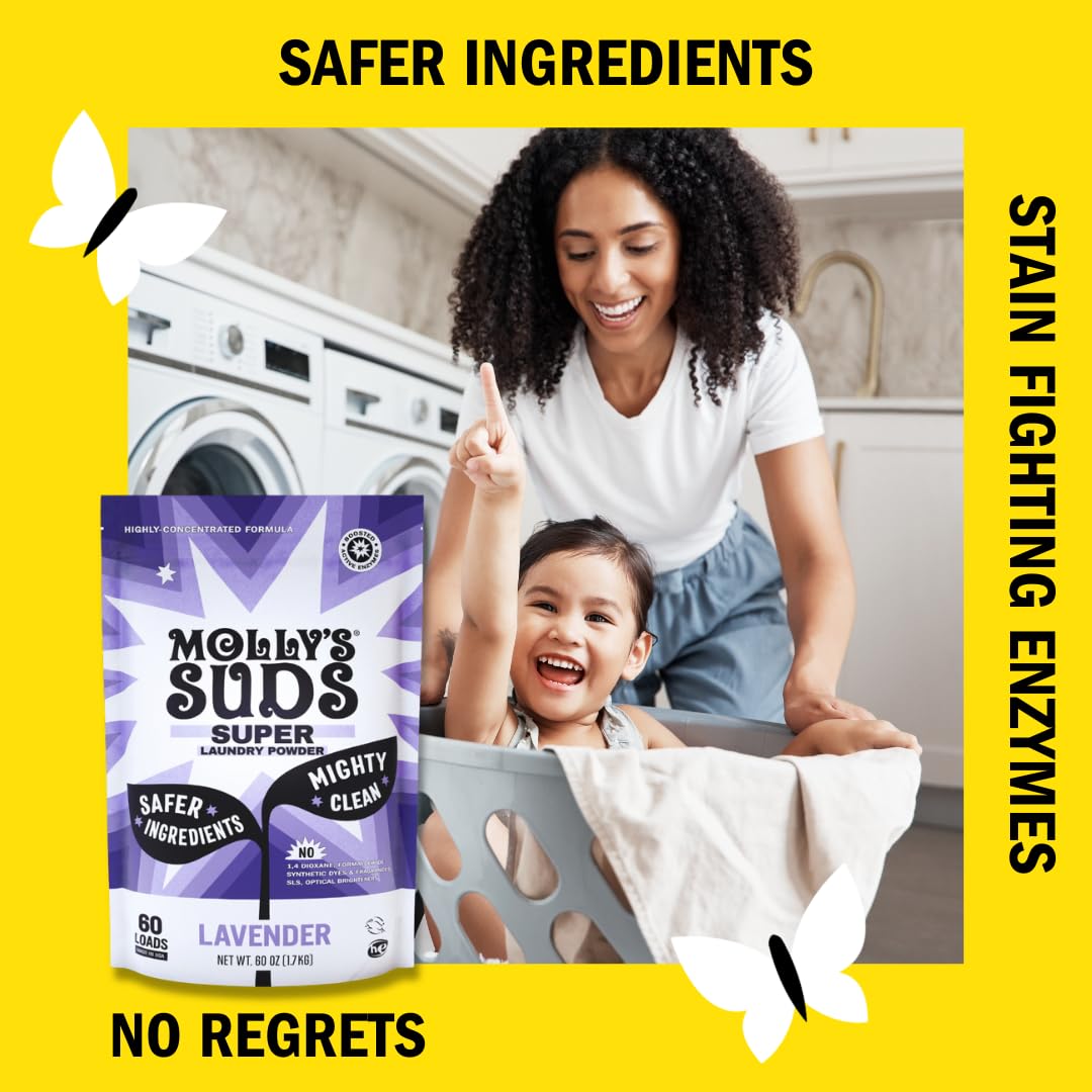 Molly's Suds Super Powder Detergent,Extra Strength Laundry Soap, Stain Fighting,Sensitive Skin,Simple, Effective Ingredients,60 Loads - Lavender