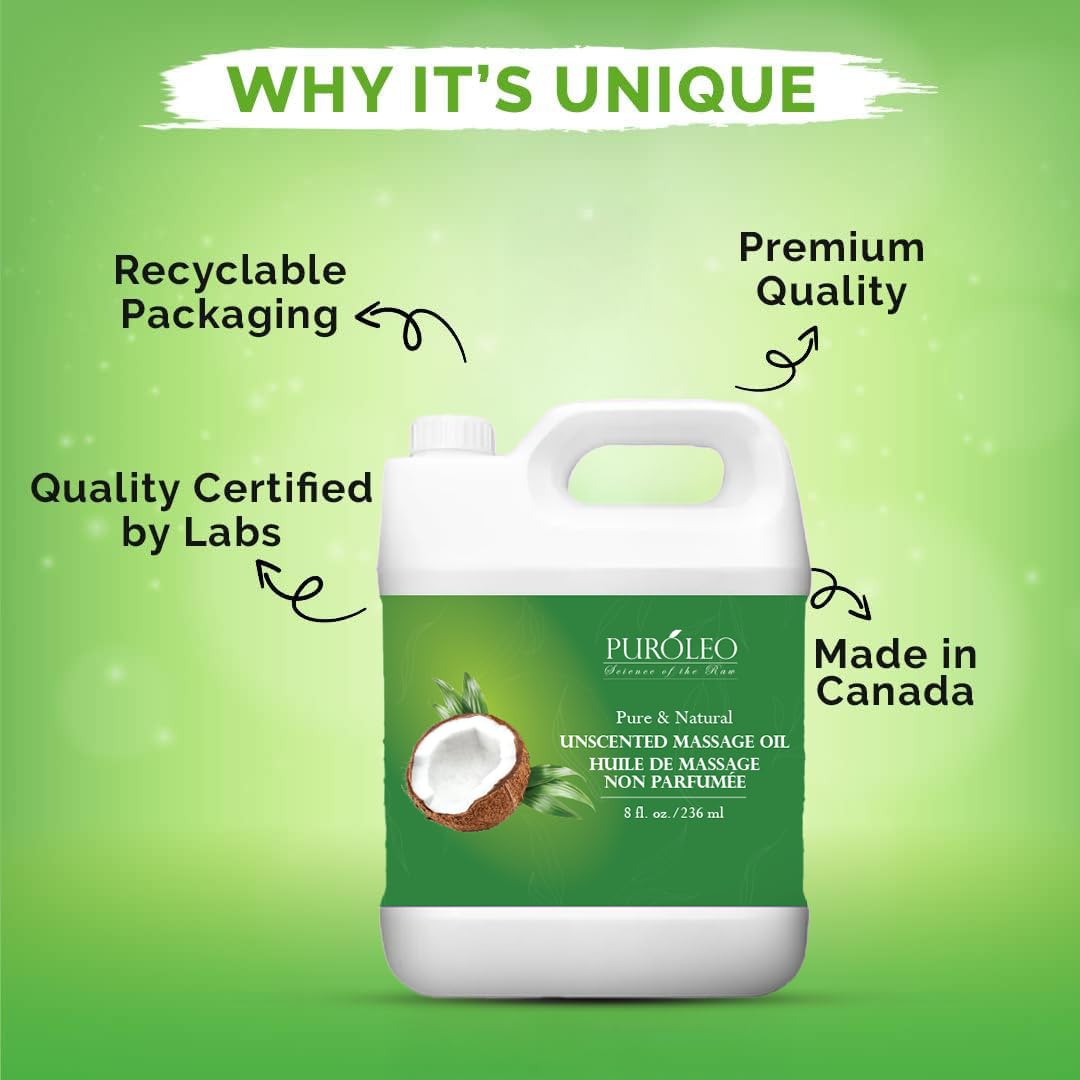 PUROLEO All-Natural Massage Oil – Unscented, 32 Fl Oz/946 mL – With Coconut, Almond & Jojoba Oils – For Hair, Body & Face – Nourishing, Relaxing & Ideal for Massage Therapy – Made in Canada