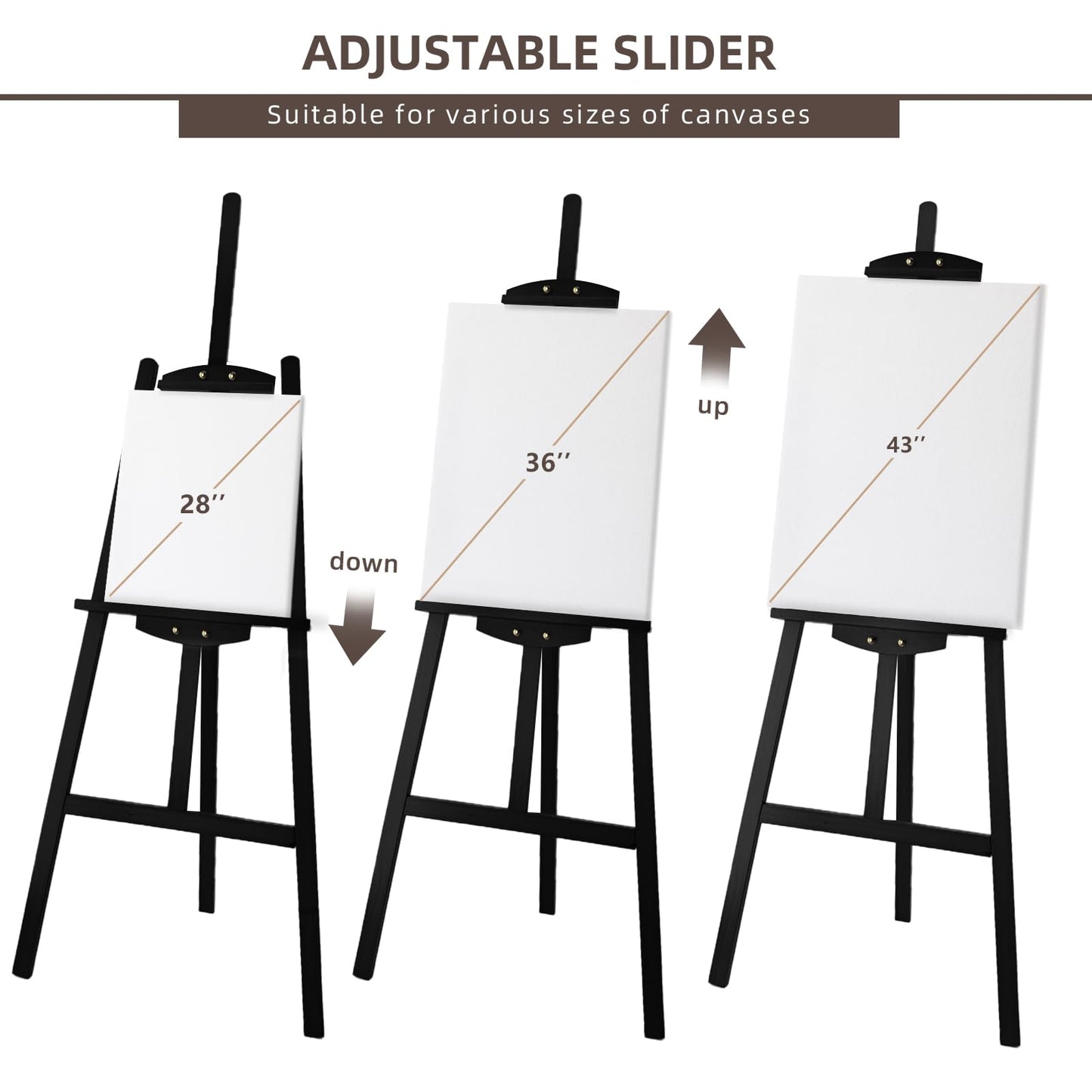 Stuelloaf Adjustable Black Wooden Painting Easel, Pine Art Easel Stand Hold up to 43'', Painting Canvas for Wedding Sign and Poster, Drawing for Adults, Begginners and Students, Black