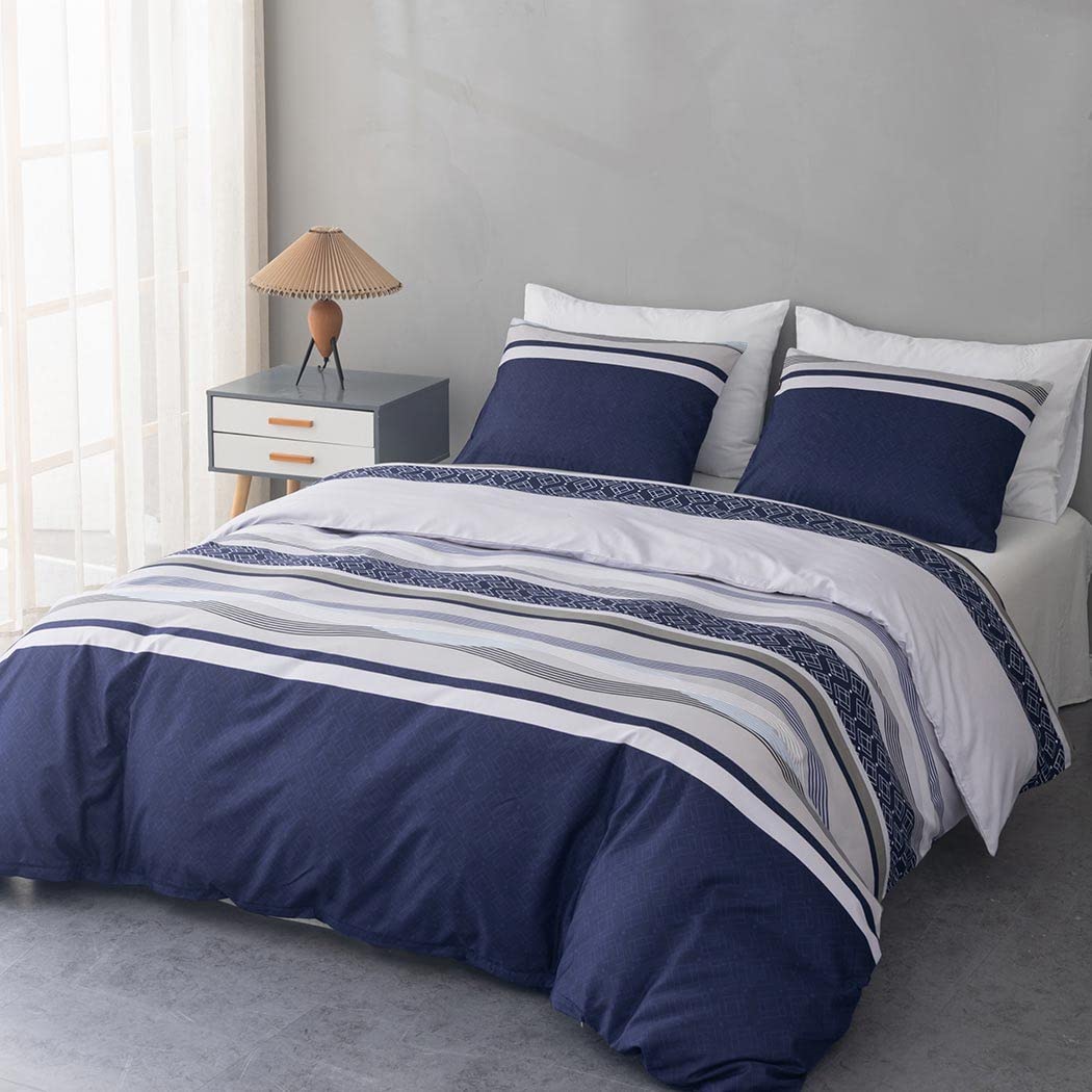 Conworld Duvet Cover Queen, 3 Pieces Bohemian Duvet Cover Sets with 2 Pillowshams, 1 Duvet Cover with Hidden Zipper & Corner Ties, Blue Striped
