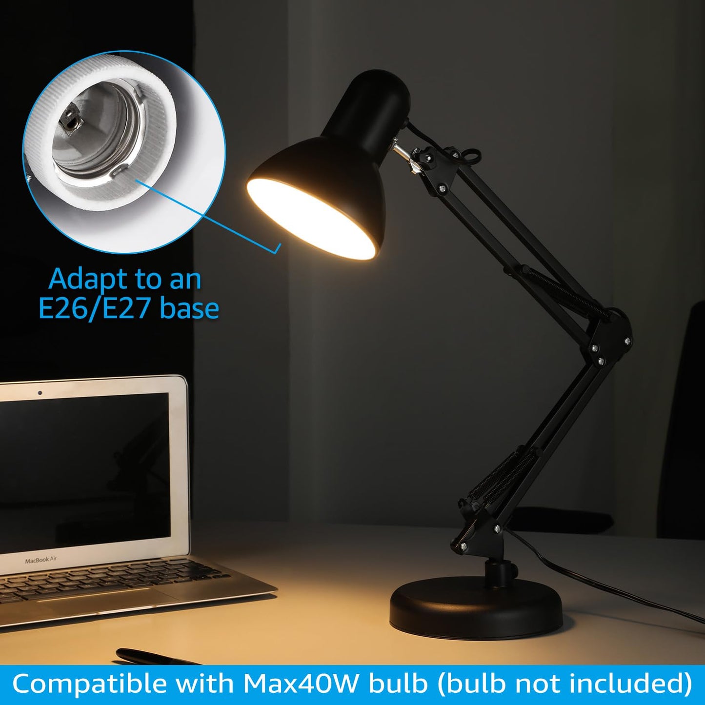 TORCHSTAR Metal Swing Arm Desk Lamp, Interchangeable Base Or Clamp, Classic Architect Clip On Table Lamp, Multi-Joint, Adjustable Arm, Black Finish (UL Plug)