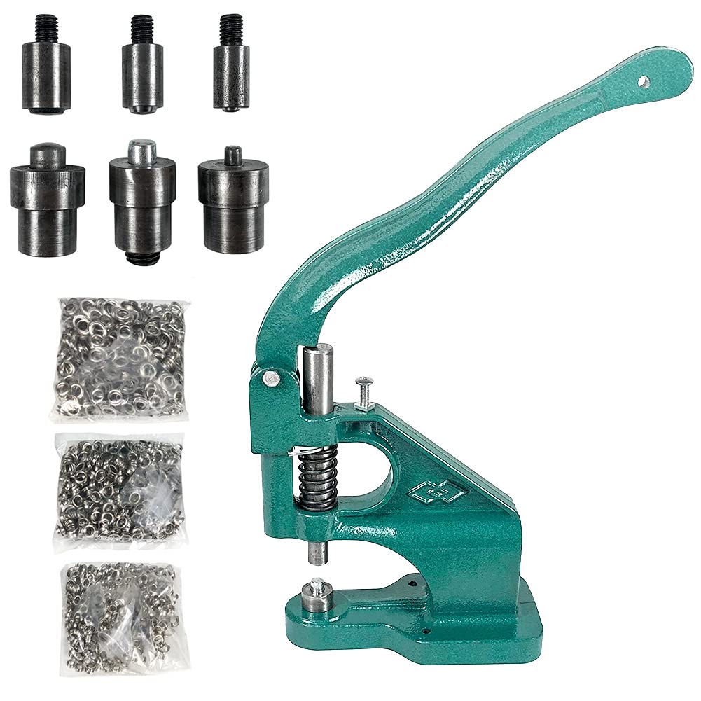 QWORK Hand Press Heavy Duty Eyelet Grommet Machine Punch Tool Kit with 3 Dies and 1500 Pcs Silver Grommets