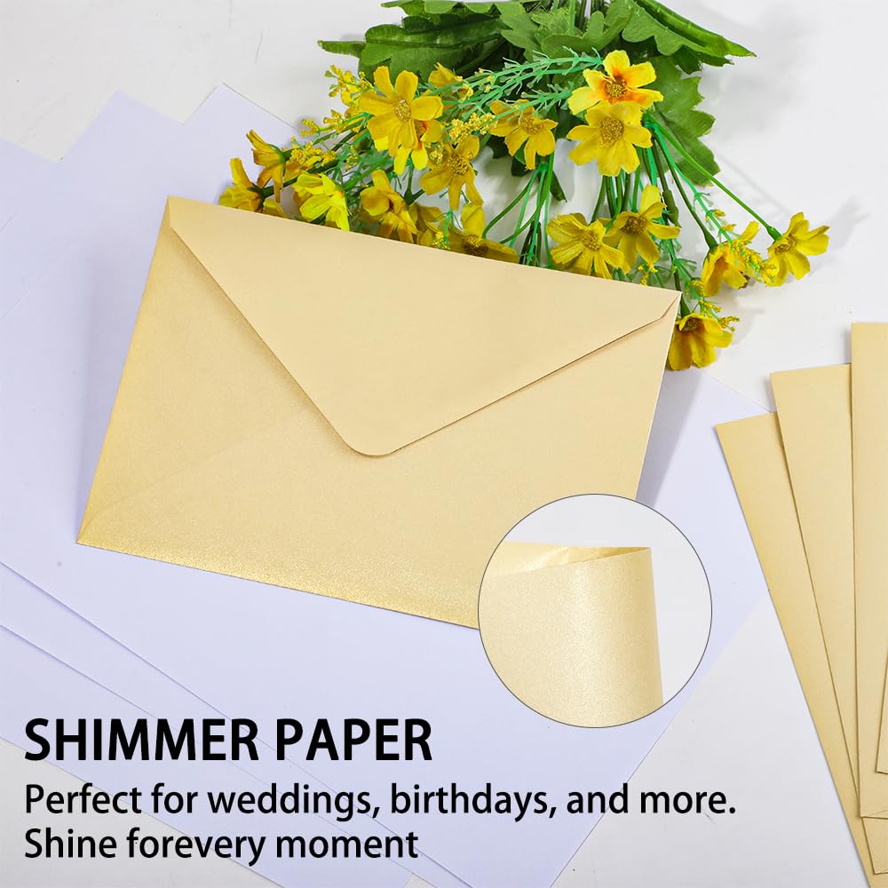 UoeRing Bulk 5x7 Self-Sealing Beige Envelopes 250 Pack - A7 (5.31×7.67in) Premium 120g Pearl Glitter Paper - Printable & Writable for Wedding Invitations,Greeting Cards - Includes Gold Stickers