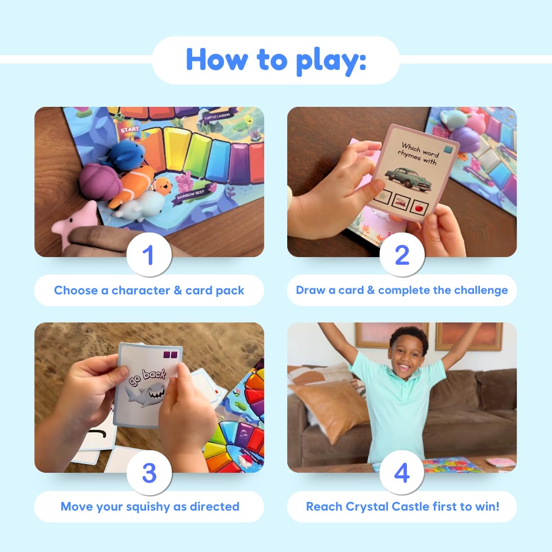 THE FIDGET GAME SquishyLand in Rainbow Reef - Educational & Phonics Learning Activities for Children in Pre-K to 2nd Grade - Mochi Squishy Toys Set with Board Game (2-6 Players) & Card Packs Included
