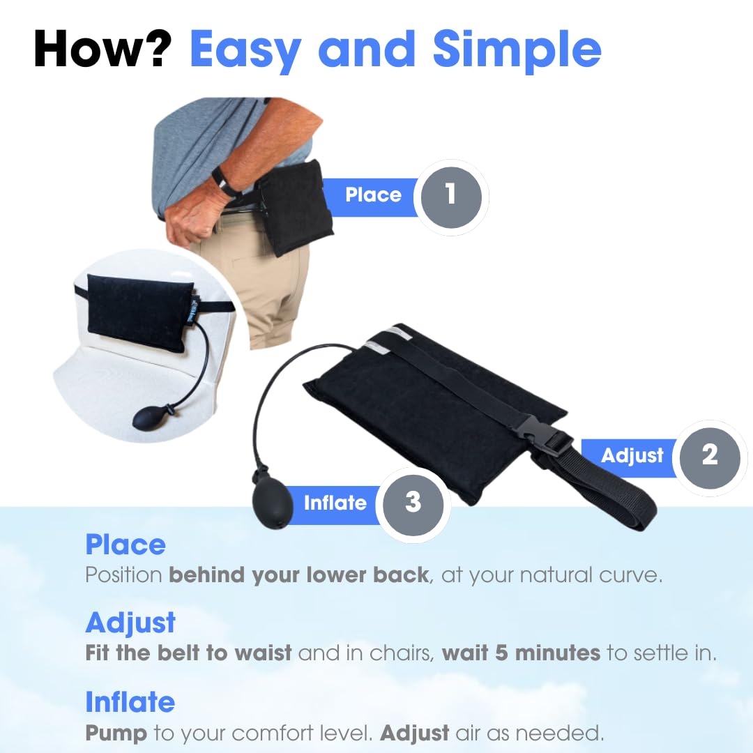 Innotech LumbAIRPlus – Premium Portable Inflatable Lumbar Support Cushion with Adjustable Air System for Customized Comfort – Promotes Healthy Posture and Relieves Back Strain, Black