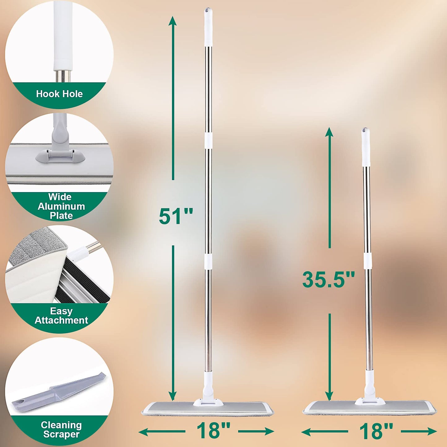 Conliwell 18" Microfiber Mop with Stainless Steel Handle, Dust Mops for Hardwood, Tile,Floor Cleaning, 2 Microfiber Mop Pads and 1 Mop Pad Cleaner