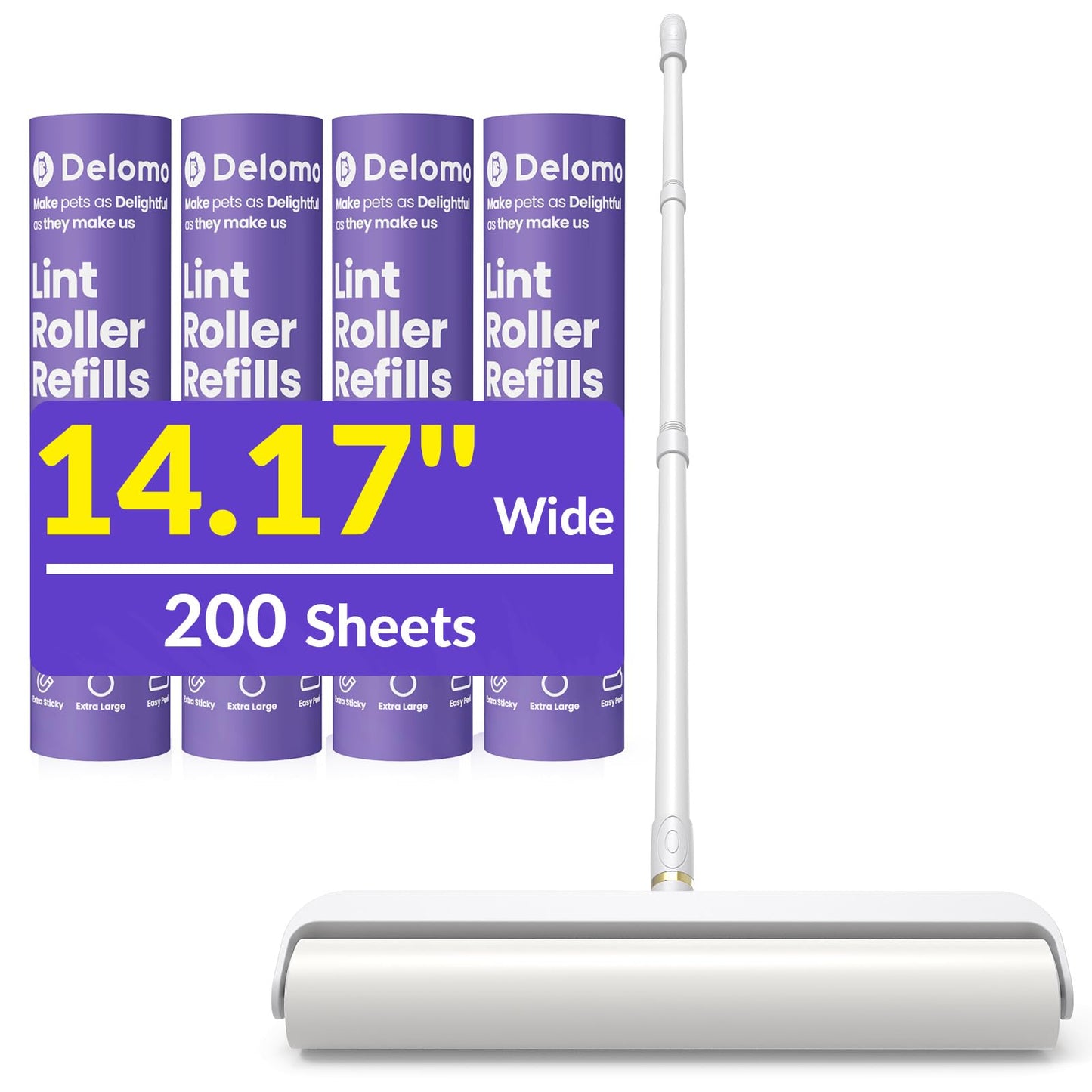 DELOMO 14.17" Extra Large Lint Rollers for Pet Hair, Sticky Rollers for Floor with 3 Extendable Handle & 4 Refills (200 Sheets), Long Handle Sticky Mop for Cleaning Carpets, Couches, Furniture, Cars