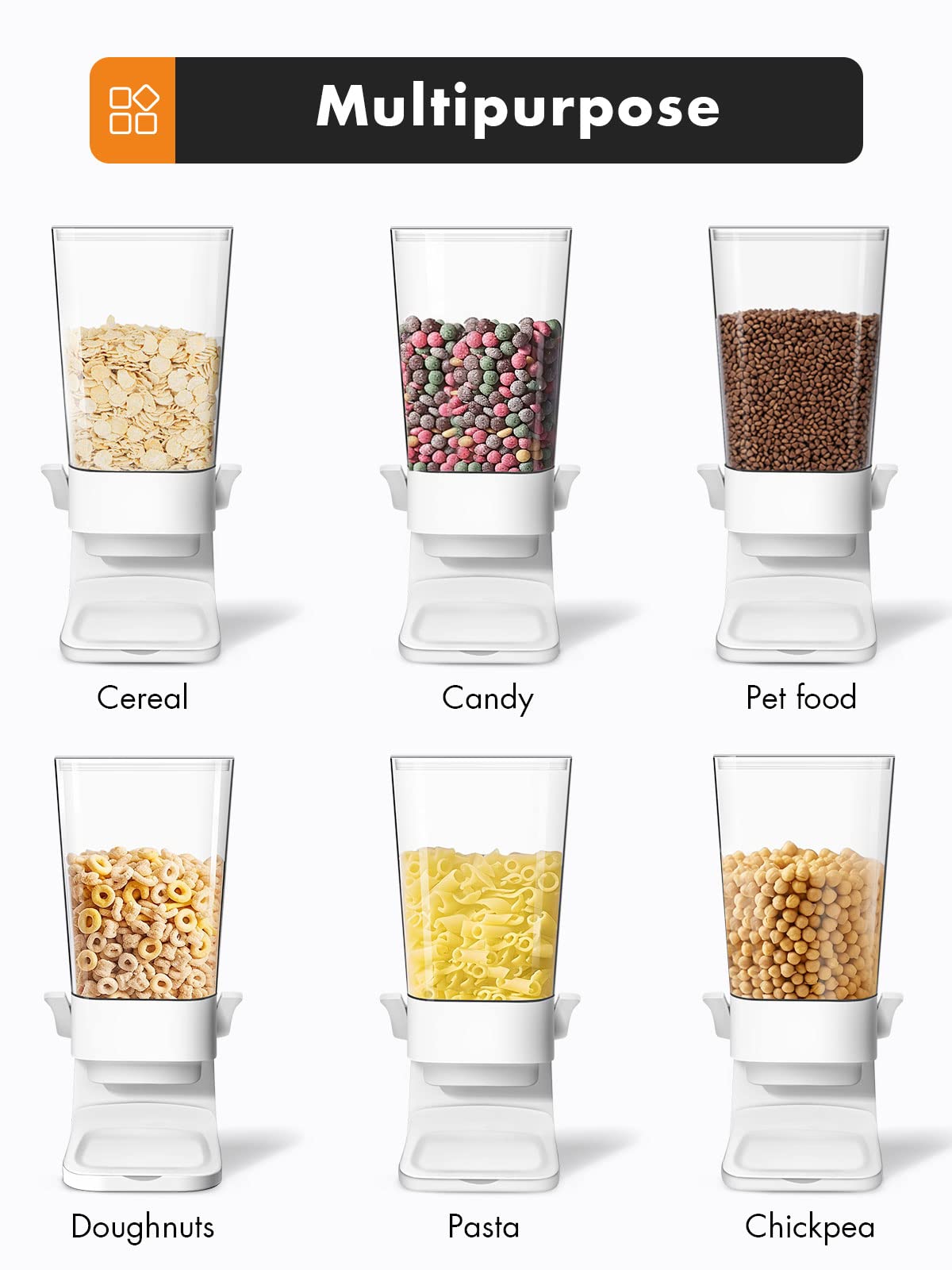 Tokokimo Cereal Dispenser Countertop, Cereal Containers Storage Dispenser 5L, Not Easy to Crush Food Dry Food Dispenser for Rice, Grains, Nuts, Snack,Oatmeal, Pet food, White, 2Pc