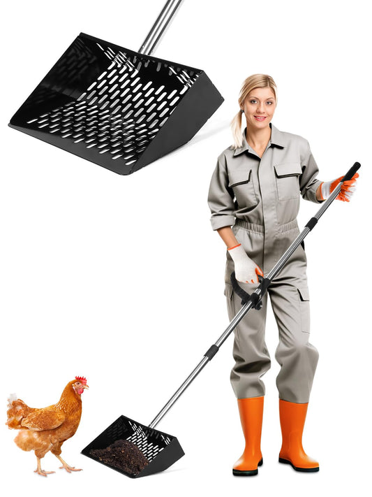 Chicken Poop Scooper with Ergonomic D-Grip 64" Long Handle 4 Sections Adjustable Stainless Steel Chicken Coop Scooper for Sand Sifting Shovel Farm Beach Garden Yard Waste Litter Pooper Cleaning Tools