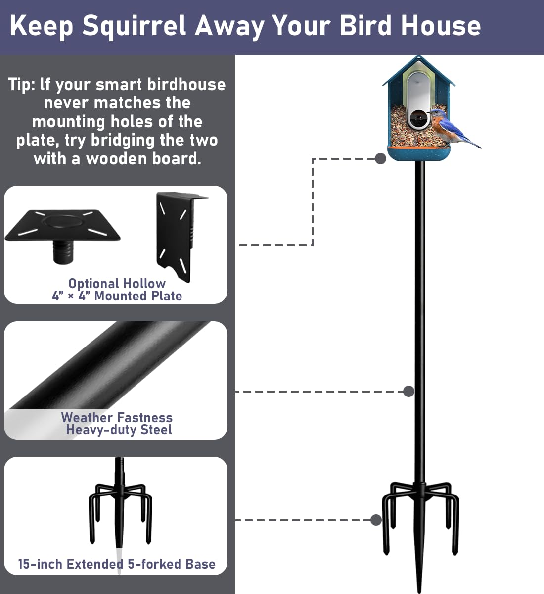 Ansionsol 90 Inch Smart Bird Feeder Pole with 5-Prong Base, Adjustable Bird House Pole Mount Kit for Outdoors, Heavy Duty Bird Feeder Stand for Wild Birds Watching, Black