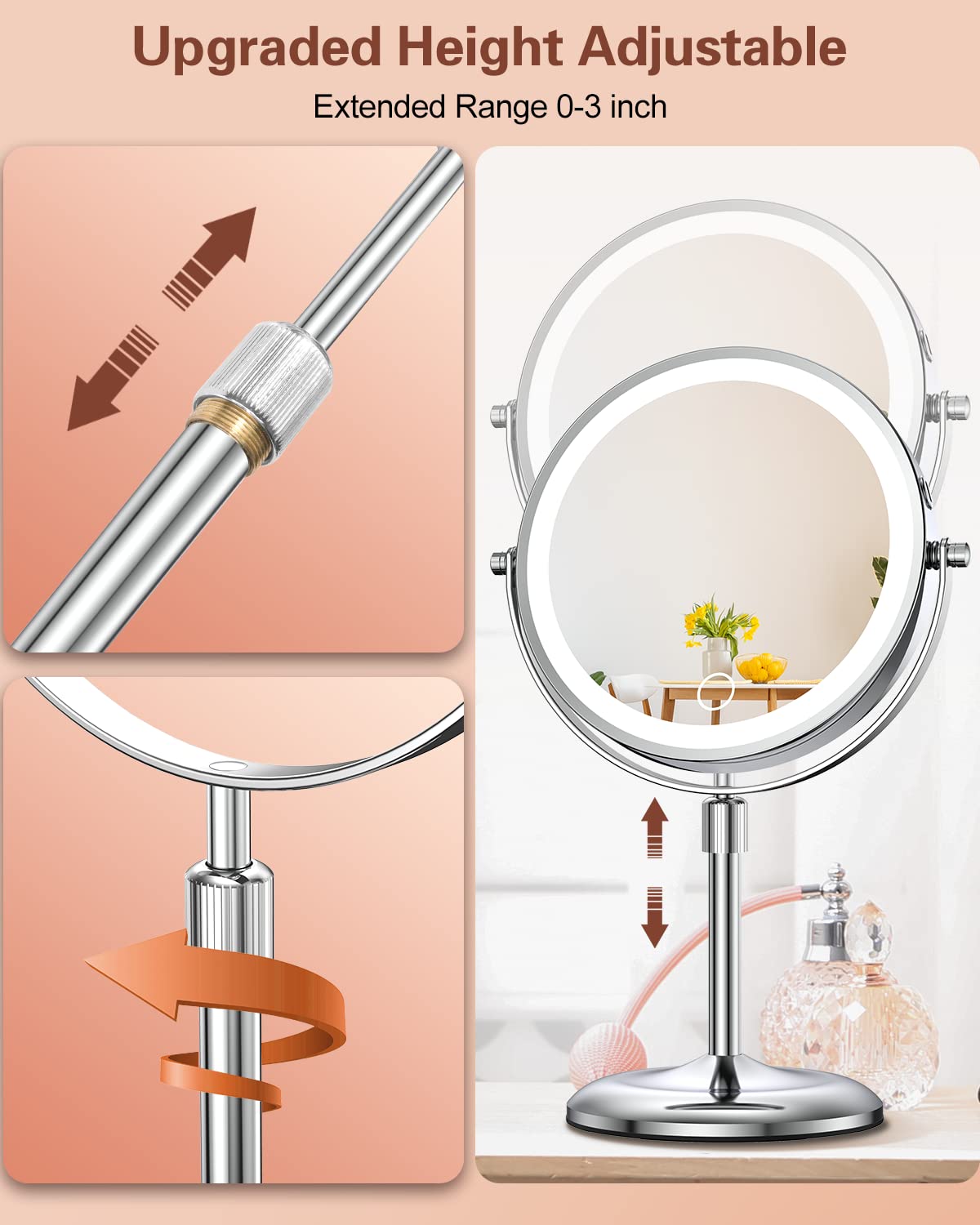Benbilry Lighted Makeup Mirror with 10X Magnification & 3 Color Lights, Adjustable Brightness & Height, 7 Inch 360° Swivel Rechargeable LED Magnifying Make Up Mirror with Lighting (Silver)
