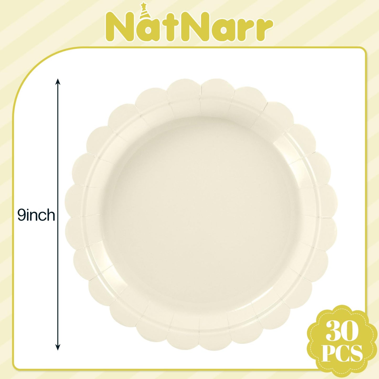 NatNarr 30 Pcs Ivory Paper Plates 9 Inch Disposable Scalloped Cream Plates Cute Beige Dessert Cake Plate Party Dinner Plate for Baby Shower, Wedding, Bridal Shower
