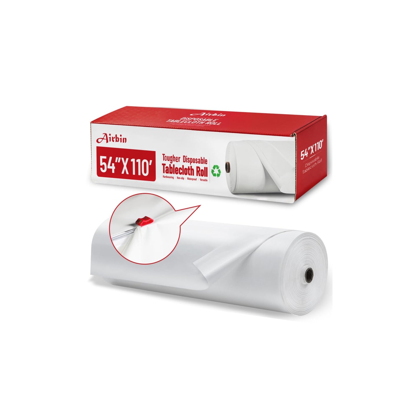 Plastic Table Cloth, 110 Ft X 54 in Disposable Tablecloth White Tablecloth Premium PEVA Plastic Table Cloth Disposable with Any Cut Sliding Cutters for Picnics, Parties, Birthdays, Weddings