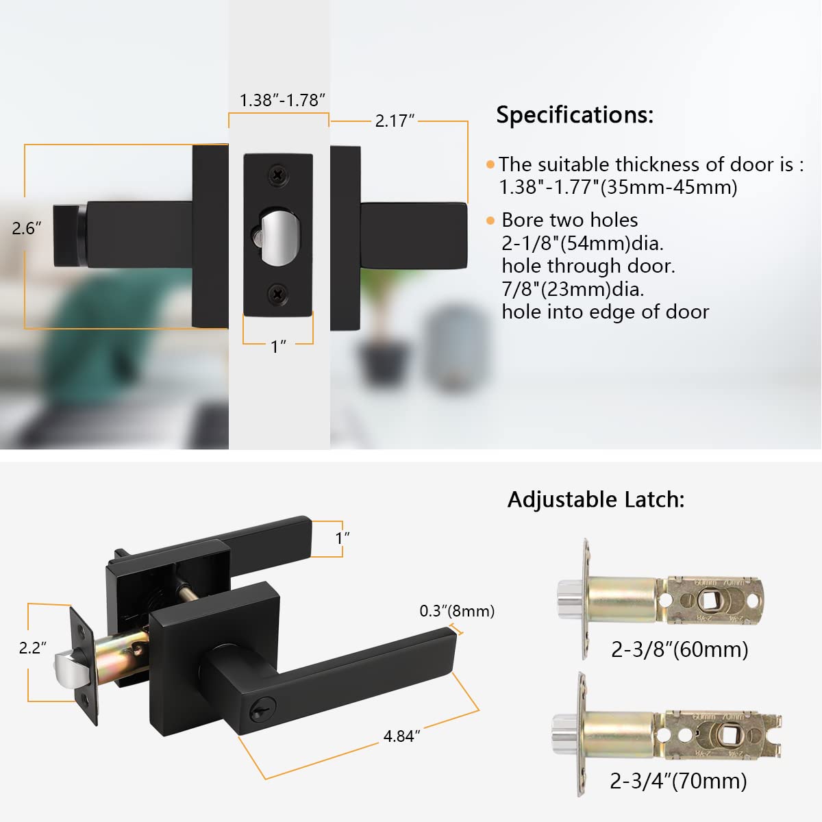Probrico Matte Black Exterior Door Handle with Square Rosette, Keyed Alike Entry Door Lockset, Heavy Duty Reversible Door Lever for Left/Right Handed Door, 1 Pack